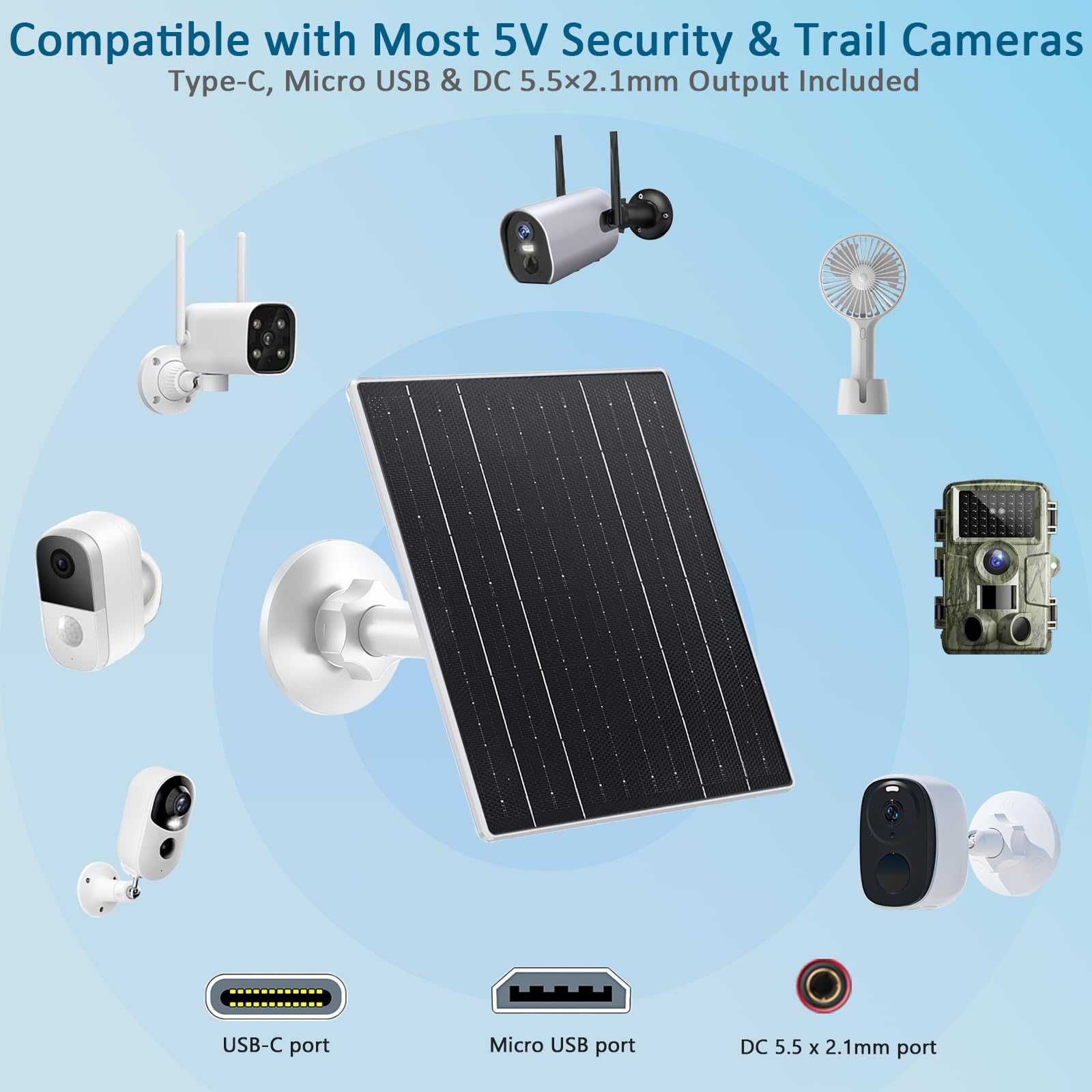 Zivif Pannello solare per telecamera di sicurezza all'aperto, caricatore solare USB C da 10 W compatibile con fotocamera a batteria ricaricabile da 5 V, supporto regolabile a 360°, impermeabile IP66