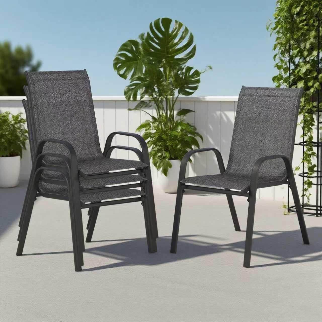 SHGJ&SOFT Outdoor Stackable Chairs Set of 4, Patio Dining Chairs, All-Weather Metal Frame Chairs with Breathable Textilene Fabric, Stackable Armchairs for Garden, Backyard, Deck, Lawn (Grey, 4 Pcs)