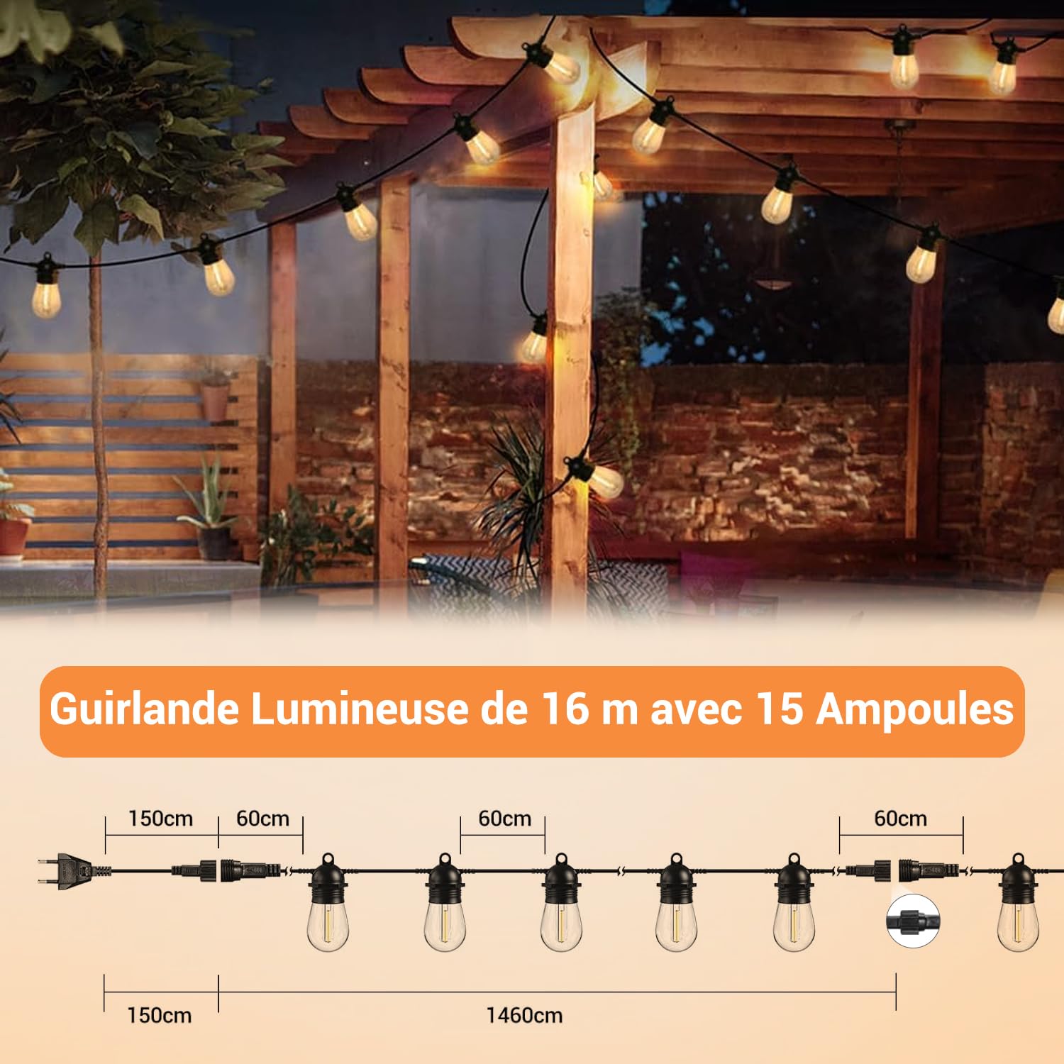 Quntis IP65 Guirlande Guinguette Extérieure Etanche Connectable 16M 15 Ampoules S14 LED Blanc Chaud