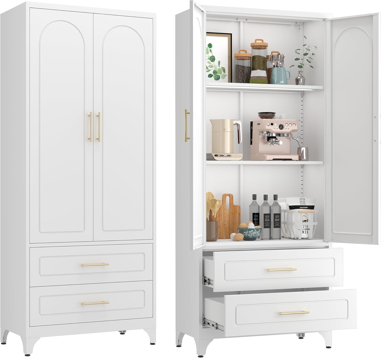 75” Tall Kitchen Pantry Cabinet,Metal Storage Cabinets with Doors and Adjustable Shelves，Modern Kitchen Hutch Cabinet,Freestanding Cupboard for Dining Room