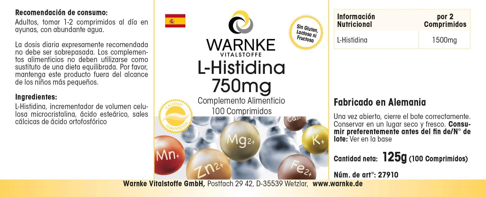 L-Histidin 750mg - hochdosiert & vegan - Aminosäure - 100 Tabletten | Warnke Vitalstoffe - Deutsche Apothekenqualität (Packung mit 2)