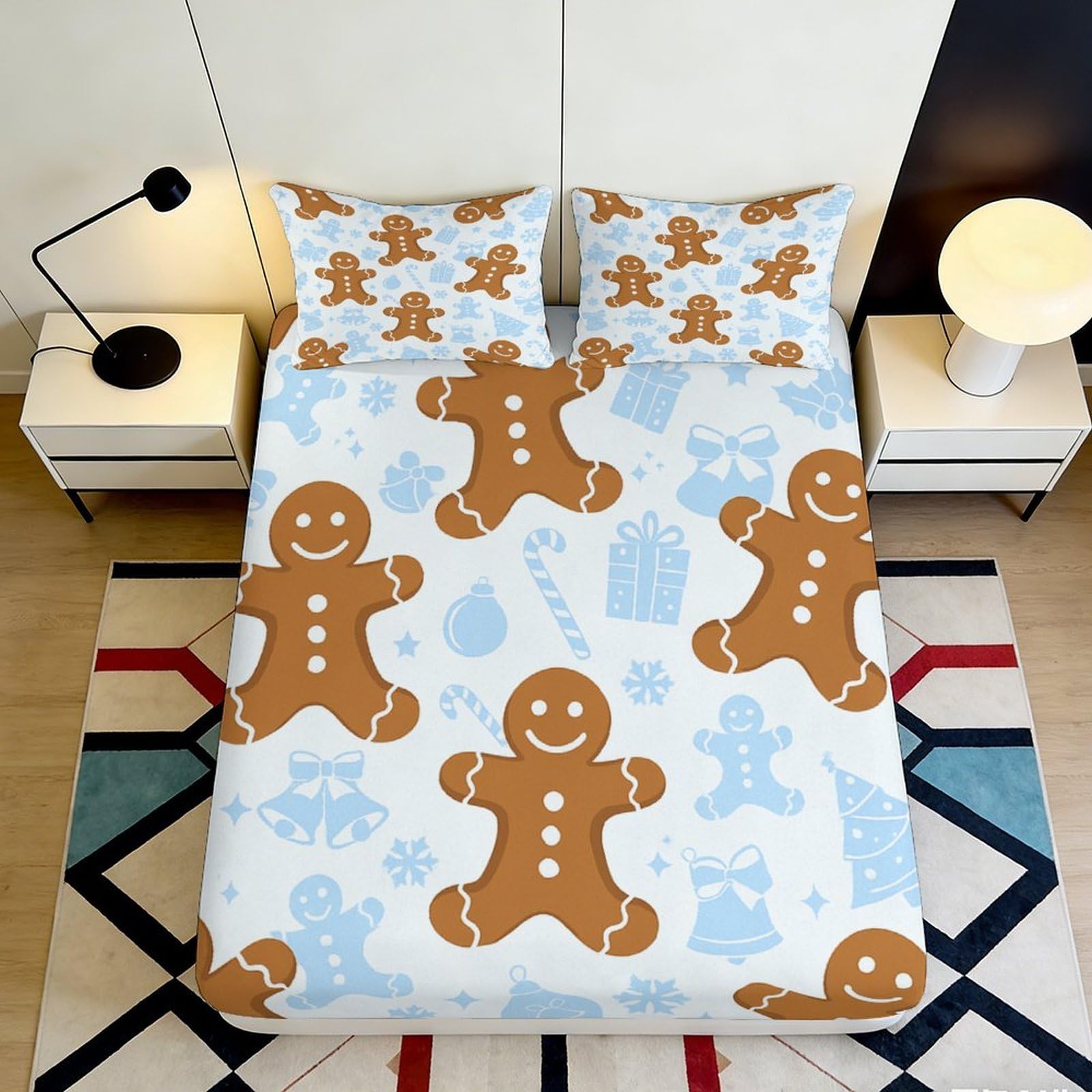 3D Printed Gingerbread Man Fitted Sheet Microfiber Soft Breathable Christmas Pattern Bed Cover for Bedroom Dormitory Guest Room Mattress Protection 160x200x25cm