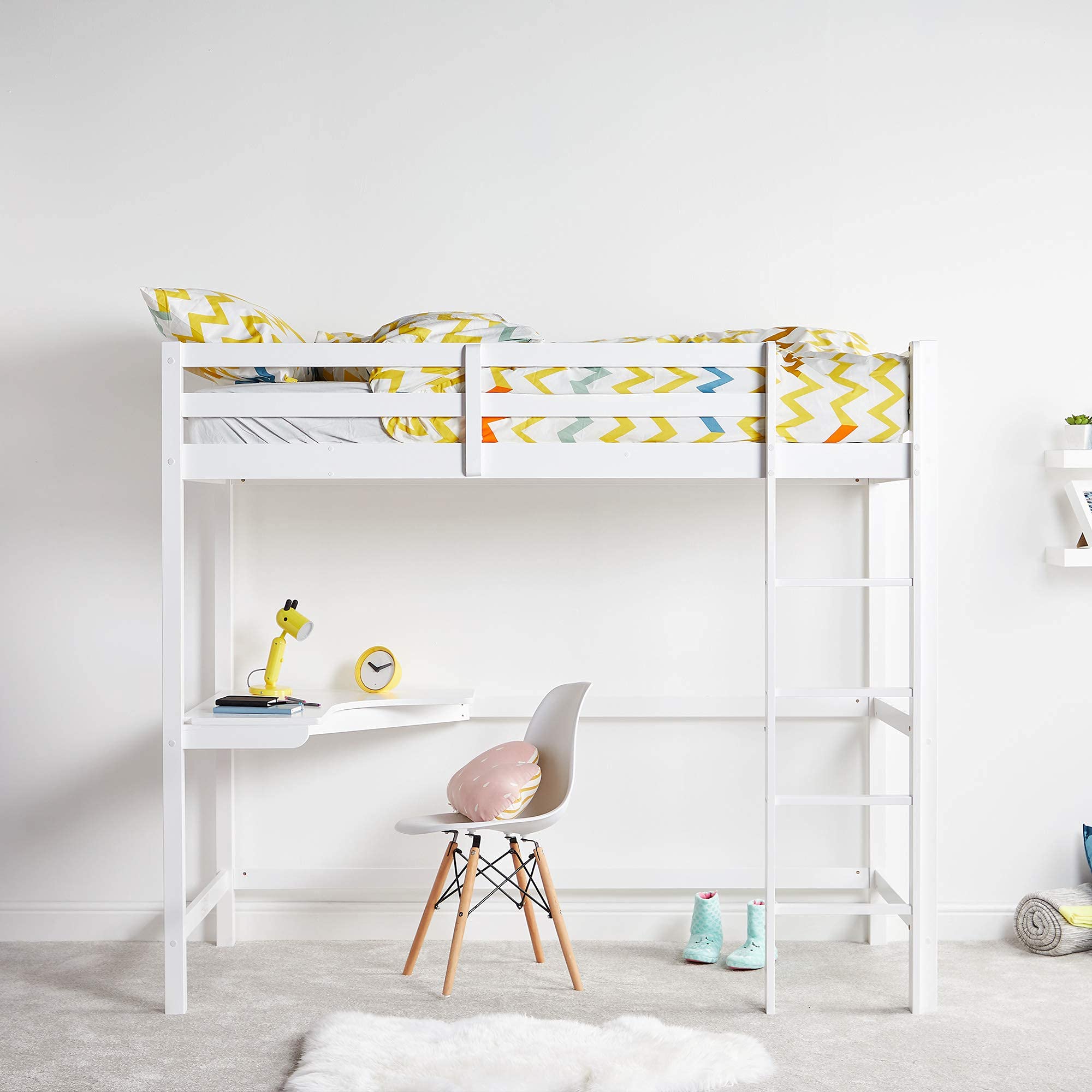 VonHaus High Sleeper Bed Frame with Desk White Wooden Study Bunk Bed