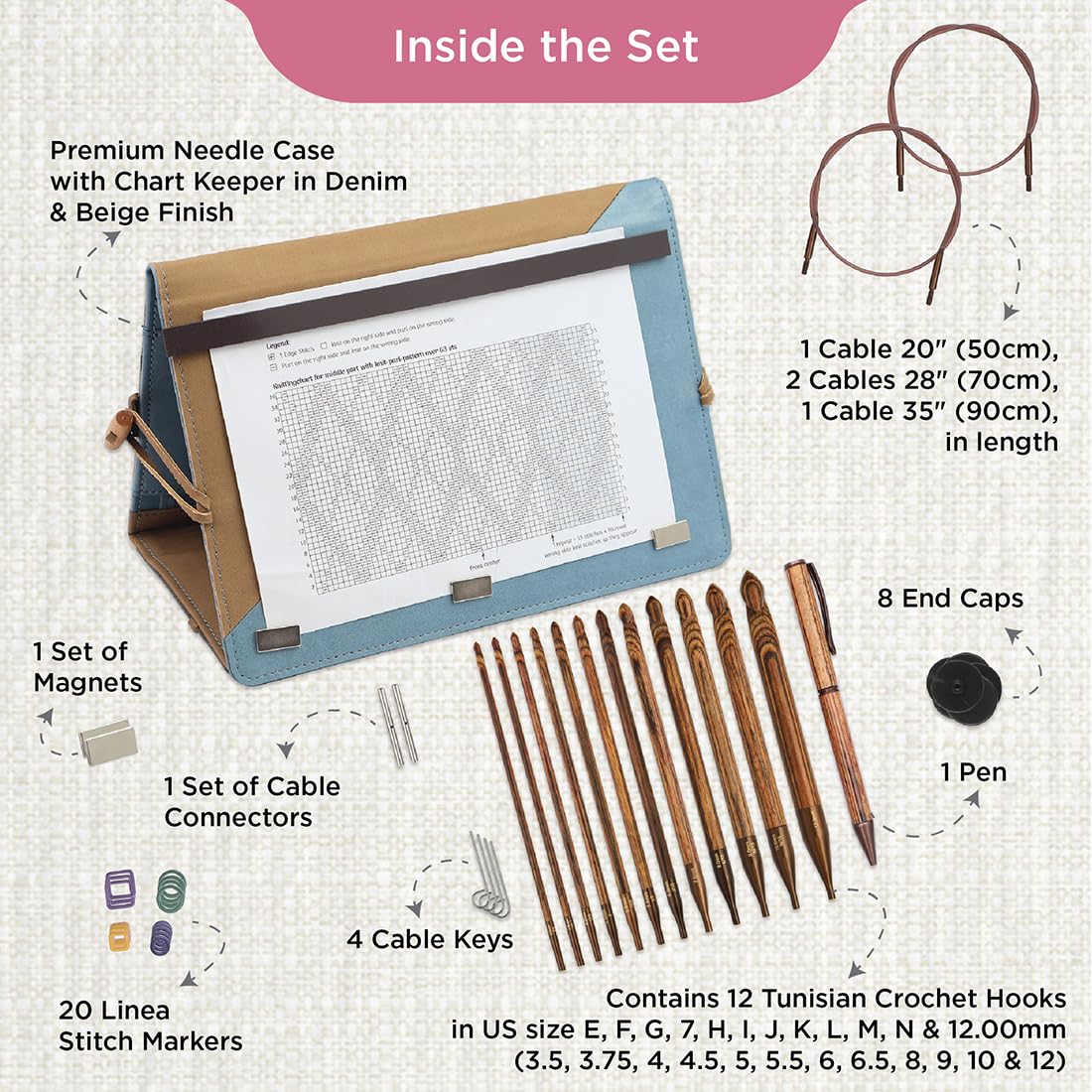KnitPro Ginger Crochet Hook Set – 12 Afghan Tunisian Interchangeable Hooks, Comfortable Handles for Beginners & Gift Set
