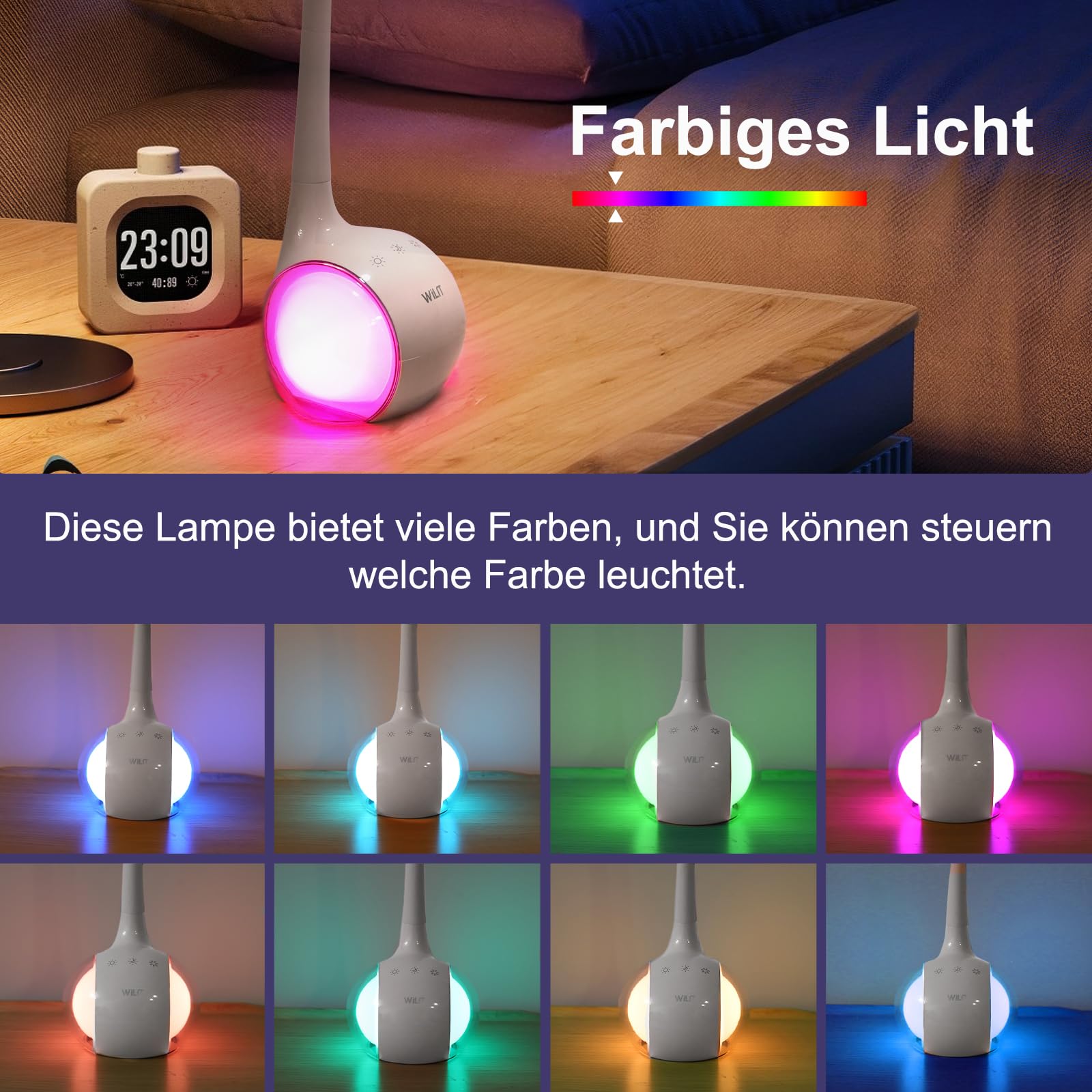 WILIT T3 Lampada da Scrivania Bambini, Lampada da Tavolo LED Regolabile con Luce Notturna Multicolore RGB, 3 Livelli di Luminosità, Lampada da Lettura con Controllo Tattile, Bianca