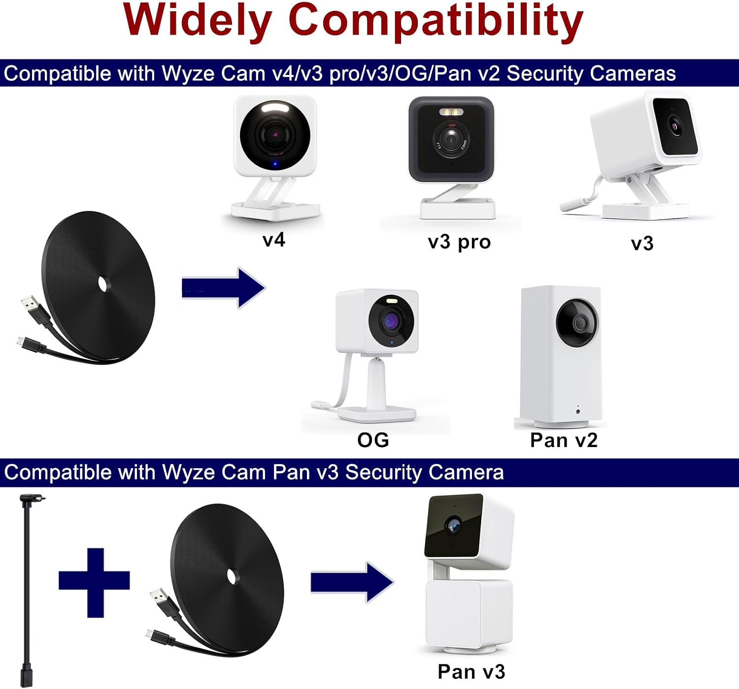 2-Pack 30ft Power Extension Cable for Wyze Cam v4, Pan v3, v3 Pro, Black image 2