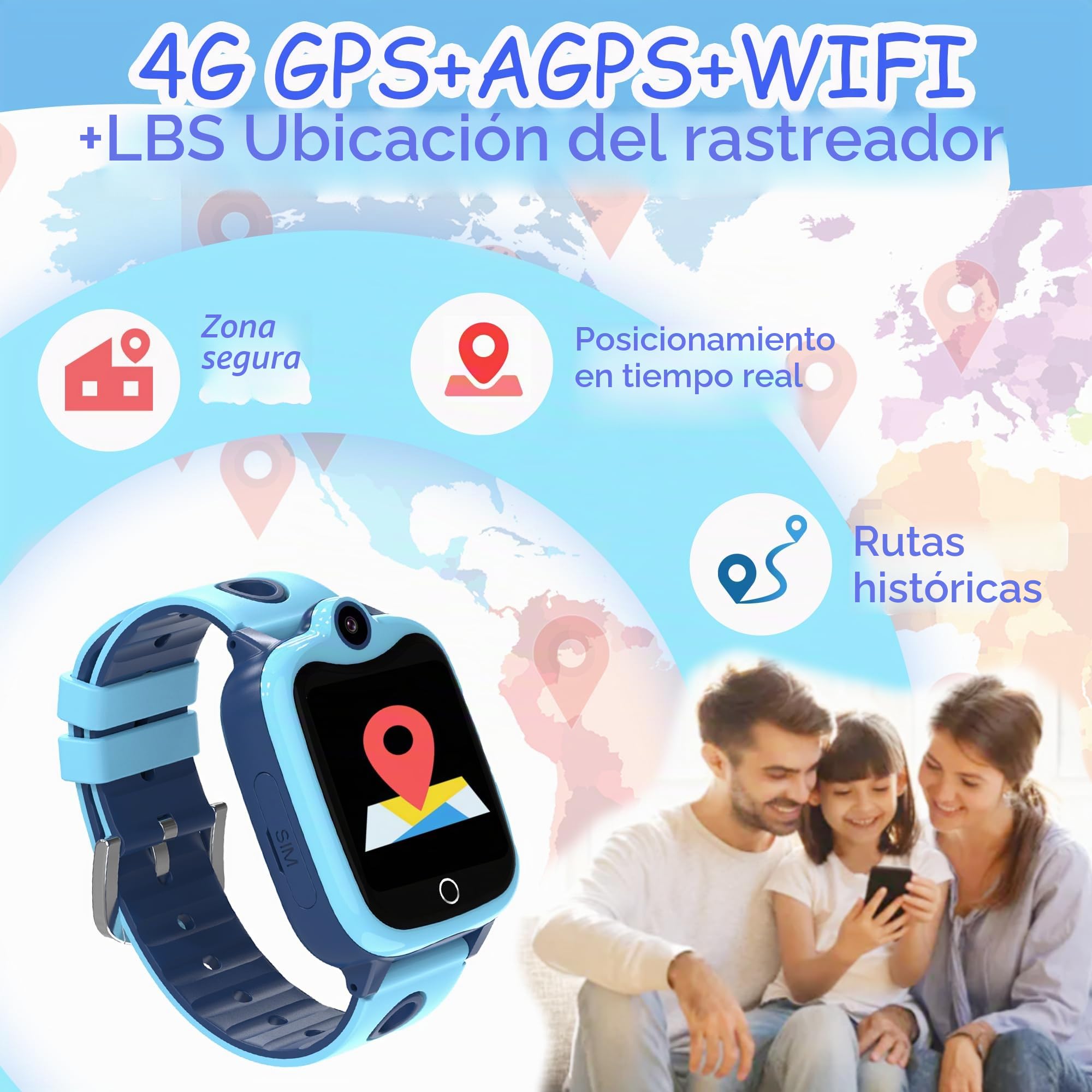 4G Reloj Inteligente Niño GPS, Teléfono Smartwatch Niños con Llamadas, IP68 | Videollamada, Chat de voz, Localización en Tiempo Real, Modo Escuela, SOS, Despertador Reloj Niño Regalo Niñas y Niños Azul