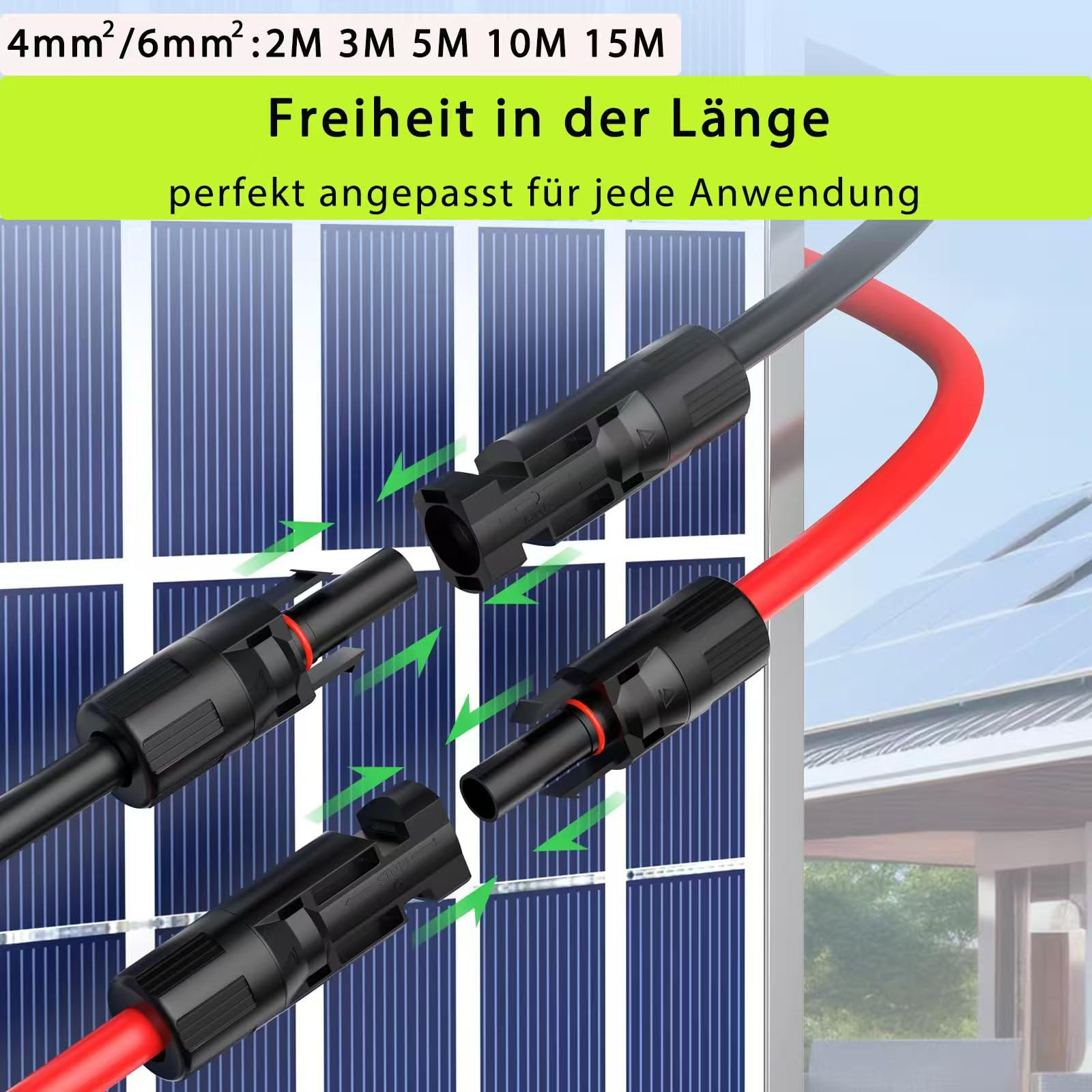 Solarkabel 4mm²/6mm²,Solarkabel Verlängerung 2/3/5/10/15M,Tool-Free Solarverlängerungskabel, PV Kabel (6mm²10m)