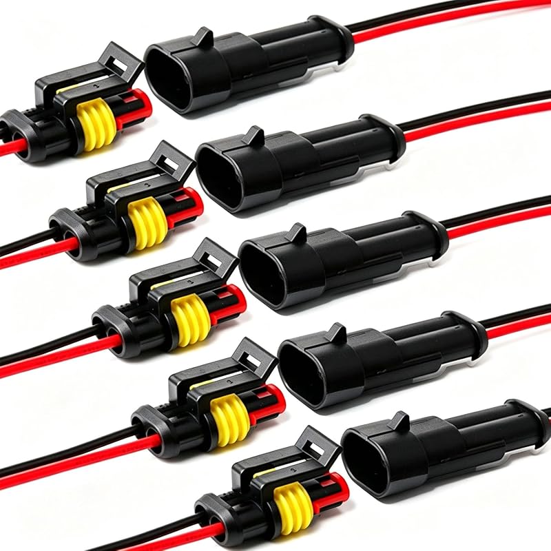 Conector elétrico automotivo à prova d’água YETOR de 2 pinos, 16 AWG com cabo de 10 cm – Pacote com 5 conjuntos