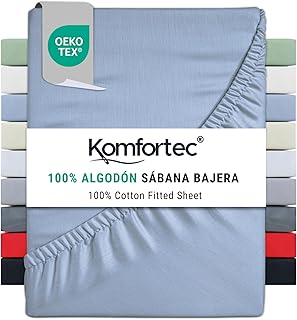 Komfortec Sábana Bajera Ajustable (200 x 200 cm, 100% algodón), Color Azul Claro