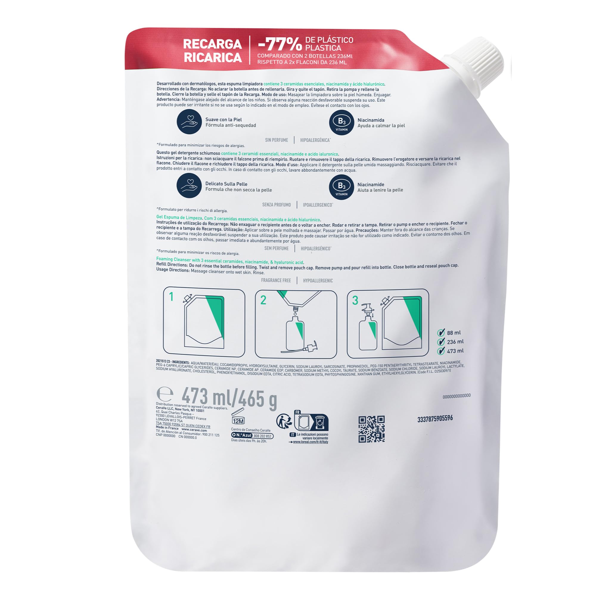 CeraVe Schiuma Detergente, Per Pelli da Normali a Grasse, Adatto a Viso e Corpo, Con Ceramidi Essenziali, Niacinamide e Acido Ialuronico, Confezione Refill, 473 ml