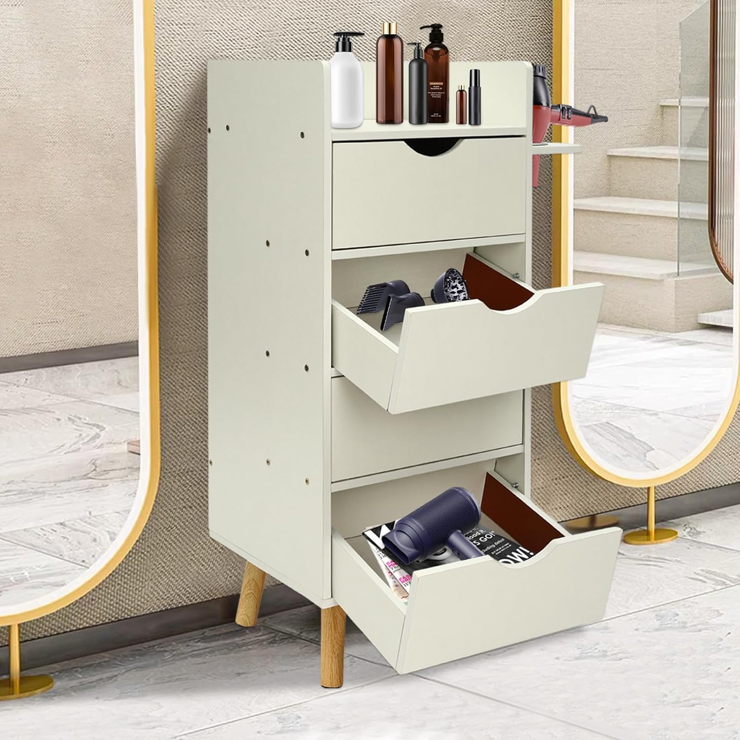 Salon Storage Cabinet, with Hair Dryer Holder, 4 Drawer Storage Cabinet, Barber Salon Storage Cabinet, Raised Table Legs Hair Stylist Station Organizer for Hair Salon (Warm White)