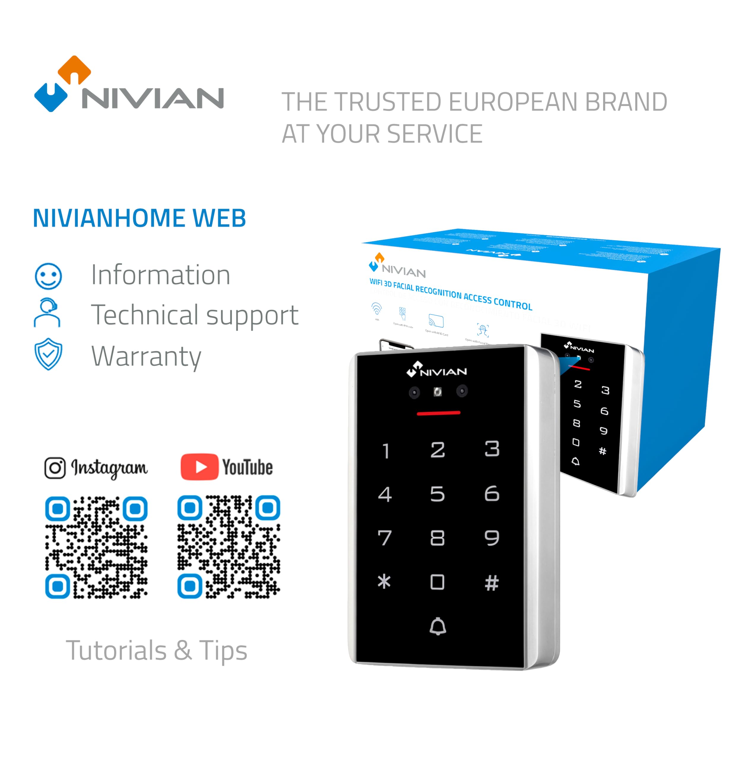 Contrôle d'accès Intelligent avec Reconnaissance faciale, Clavier PIN, Carte RFID et Application WiFi - 2000 utilisateurs, IP68 extérieur, Gestion à Distance Tuya Smart, Codes temporaires NIVIAN
