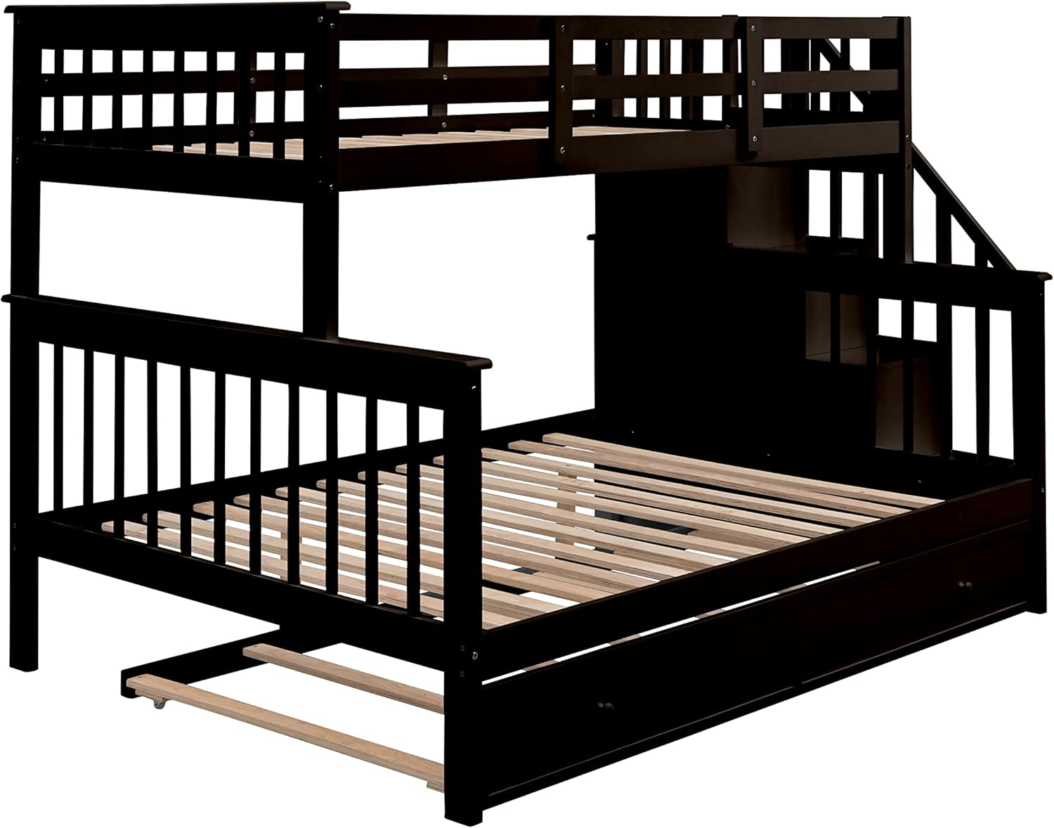 MERITLINE Bunk Bed Twin Over Full with Trundle and Storage Staircase, Solid Wood with Storage Shelves & Full-Length Guard Rail for Kids, Teens, Adults (Espresso)
