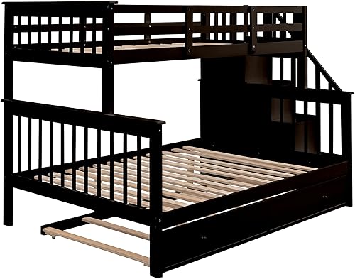 Miniatura 146 de Merax Litera de escalera individual sobre matrimonial con nido, escalera de almacenamiento y barandilla de longitud completa, litera de