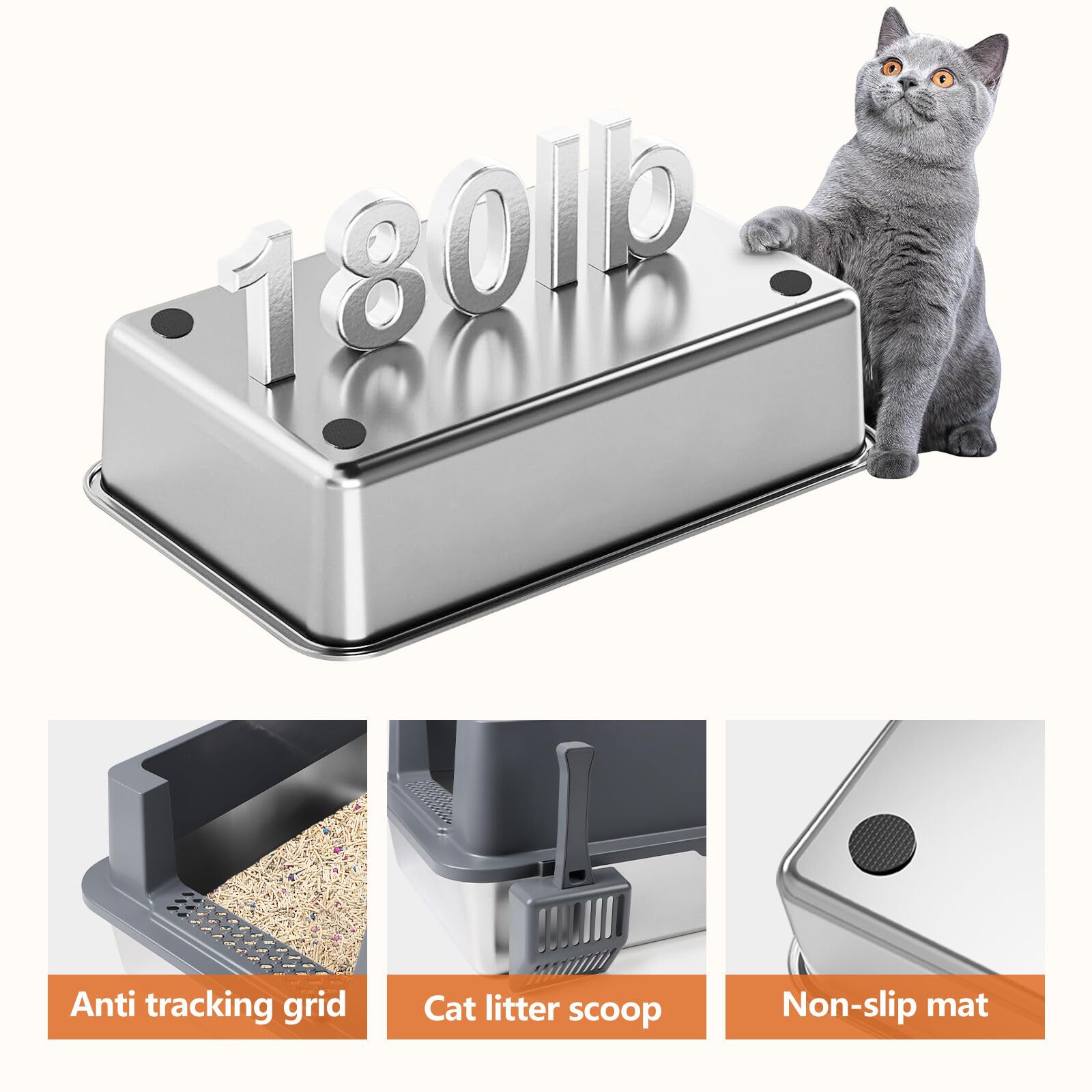 Katzenklo aus Edelstahl, XXXL Katzentoilette Metall mit hohem Rand und Schaufel, auslaufsicher, leicht zu reinigen, für große und mehrere Katzen (Dunkelgrau)