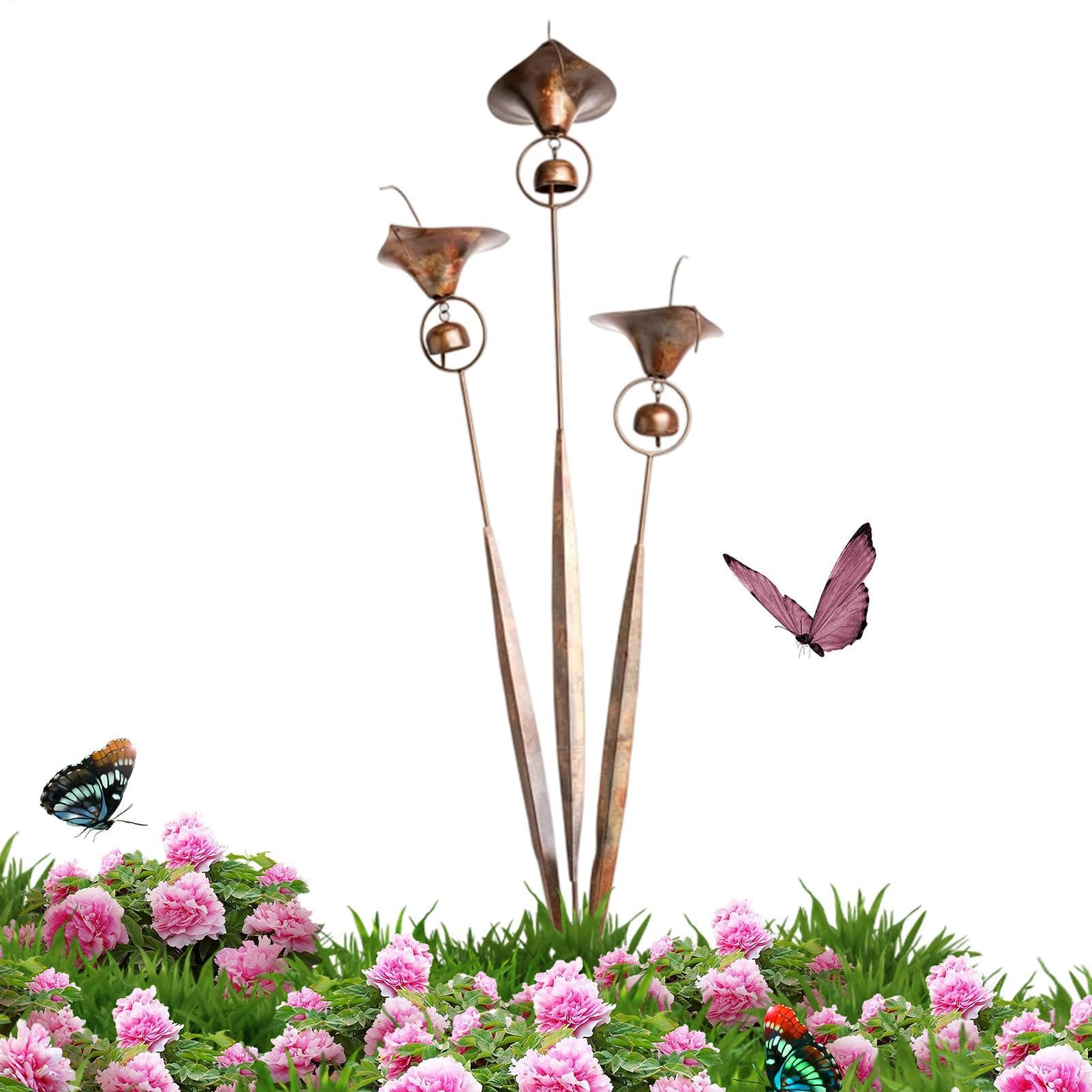 hikiau 2026 Flamed Copper Three Calla Lilies Garden Stake With Bells | Flamed Flower Stake | 24 Inch Handcrafted Metal Rain Catcher | For Outdoor Backyard Deck Lawn Gardening Collecting