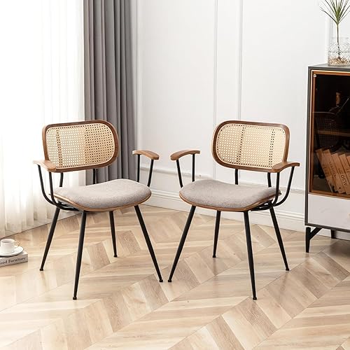 YOUUGIOR Juego de 2 sillas de comedor de ratán modernas de mediados de siglo, sillas de escritorio con patas de metal, sillas decorativas de tela de
