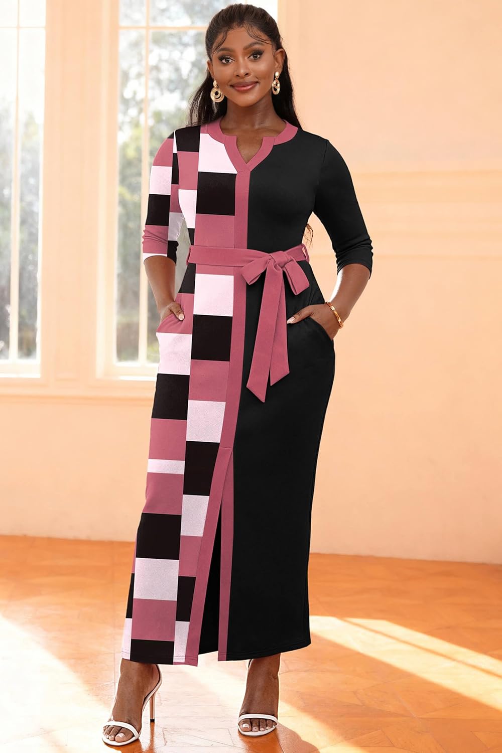 Nmoder Maxi Dress for Women Long Church Cocktail Casual Dresses Colorblock Front Split 3/4 Sleeve V Neck Pencil Dress
