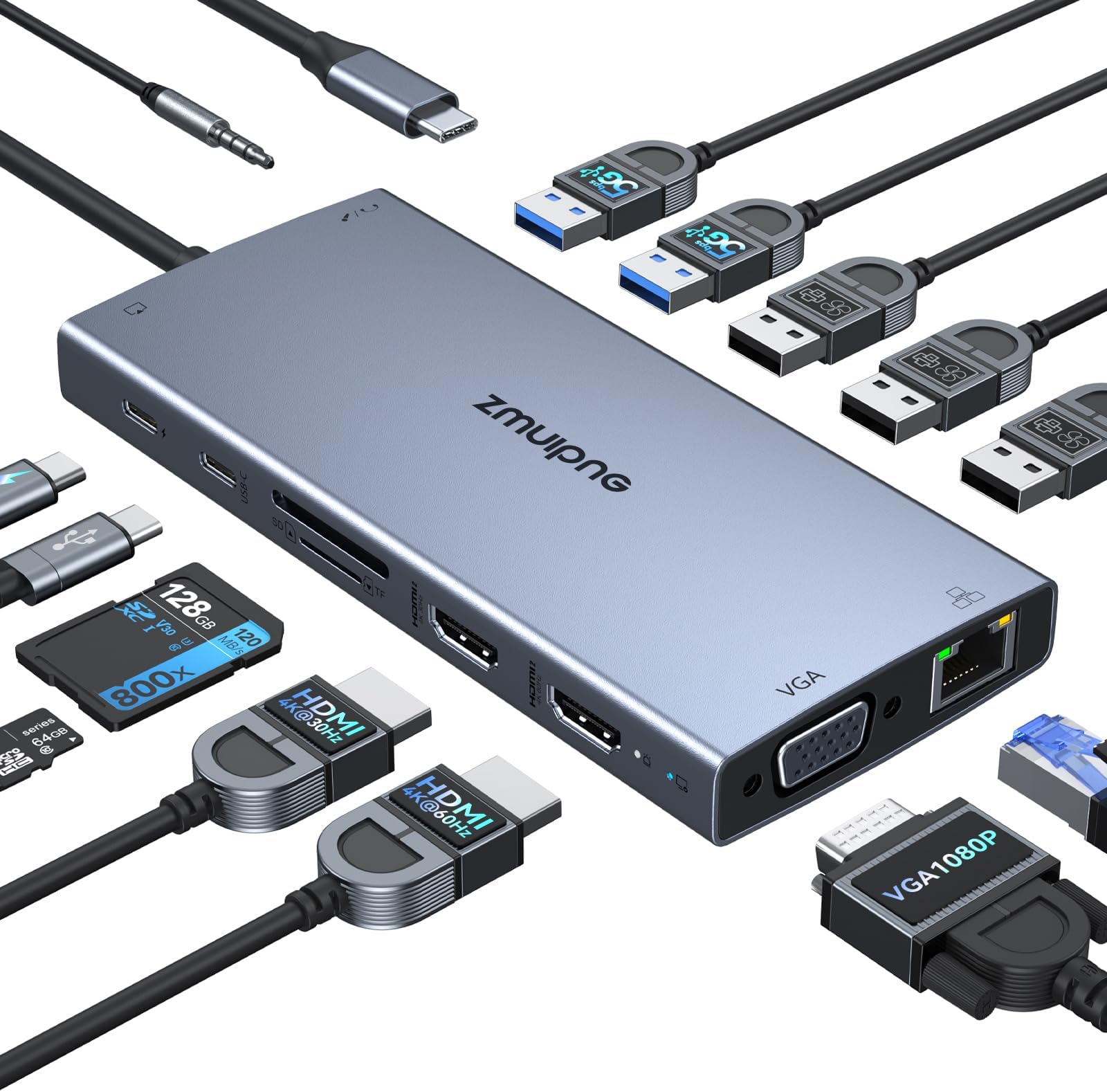 USB C Docking Station Dual Monitor HDMI for Dell HP, Laptop Docking Station USB Type C Hub Multiport Adapter Dongle Thunderbolt 3 USB-C to 2 HDMI,Ethernet,VGA,4 USB,PD,SD/TF,Audio for Lenovo,Surface