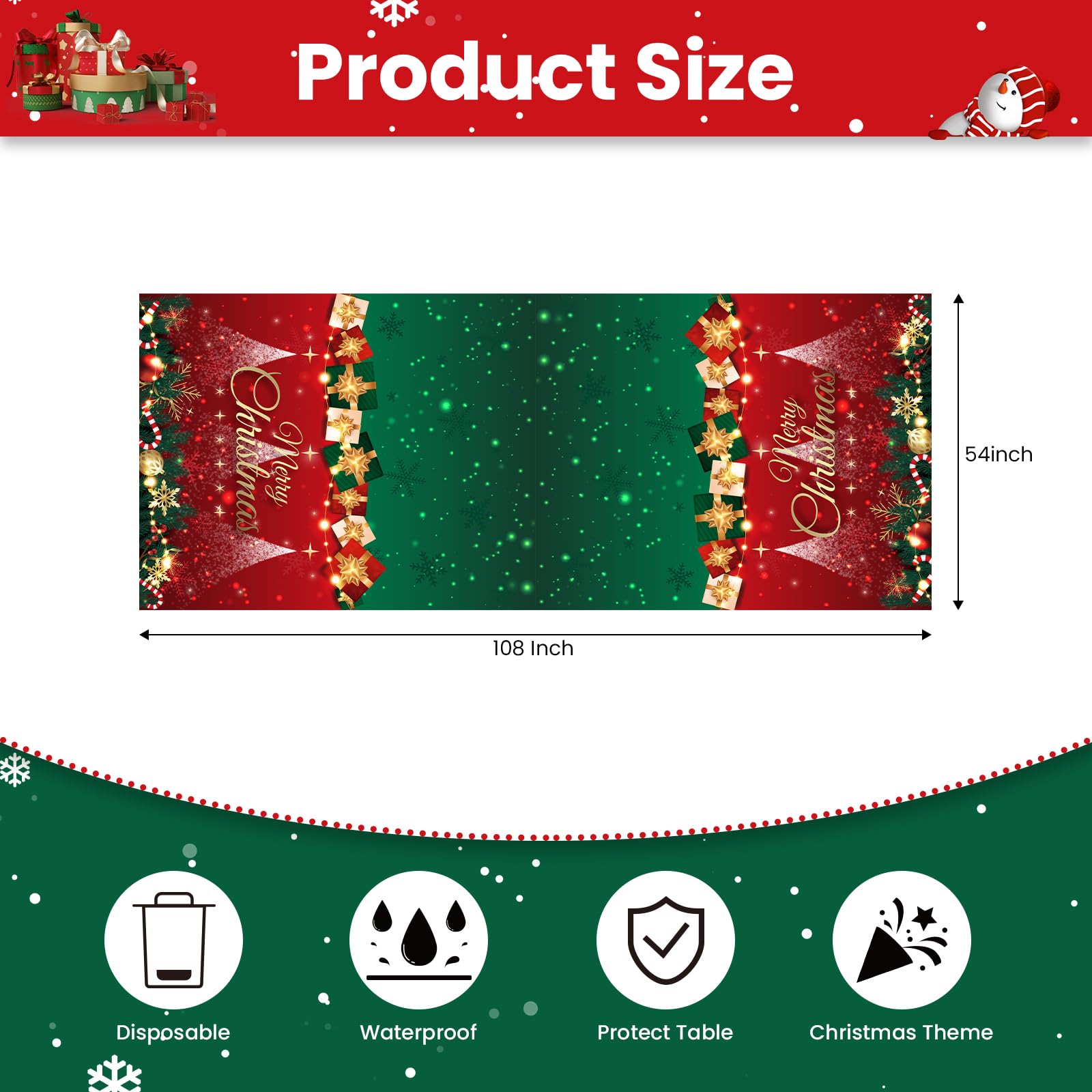 Weihnachtstischdecken, Einweg-Tischdecken, 137 x 274 cm, Kunststoff-Tischdecke, rechteckig, Tischdecke mit Weihnachtskranz, Schneeflocken-Muster für Weihnachten, Urlaub, Party, Dekoration,