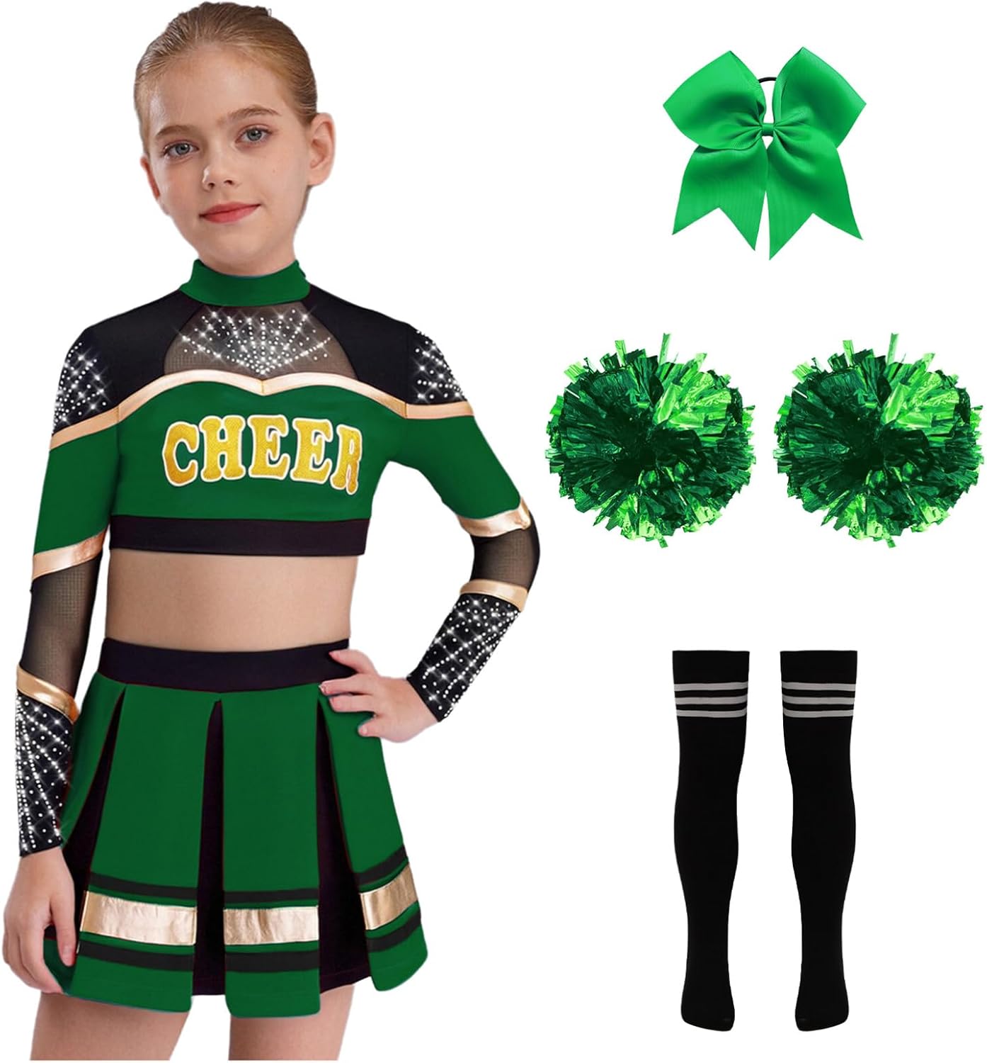 Aislor Kids Girls Cheer Leader Outfits Long Sleeve Cheerleading Uniform Crop Tops with Skirt Pom Pom Socks Headwear Set