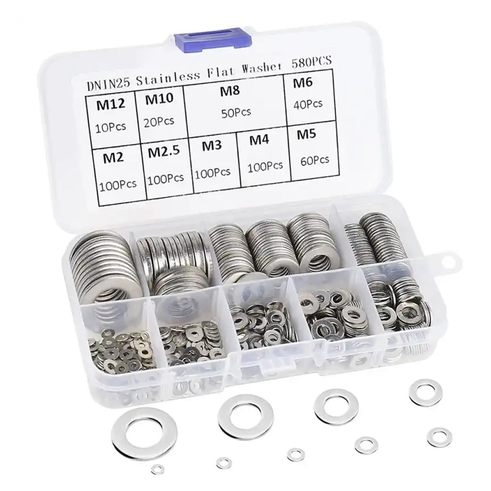 Kit surtido de arandelas planas acero inoxidable 910/580/200 Uds 304 (M2 M2.5 M3 M4 M5 M6 M8 M10 M12) adecuado for decoración del hogar para Tornillos(580pcs-KIT)