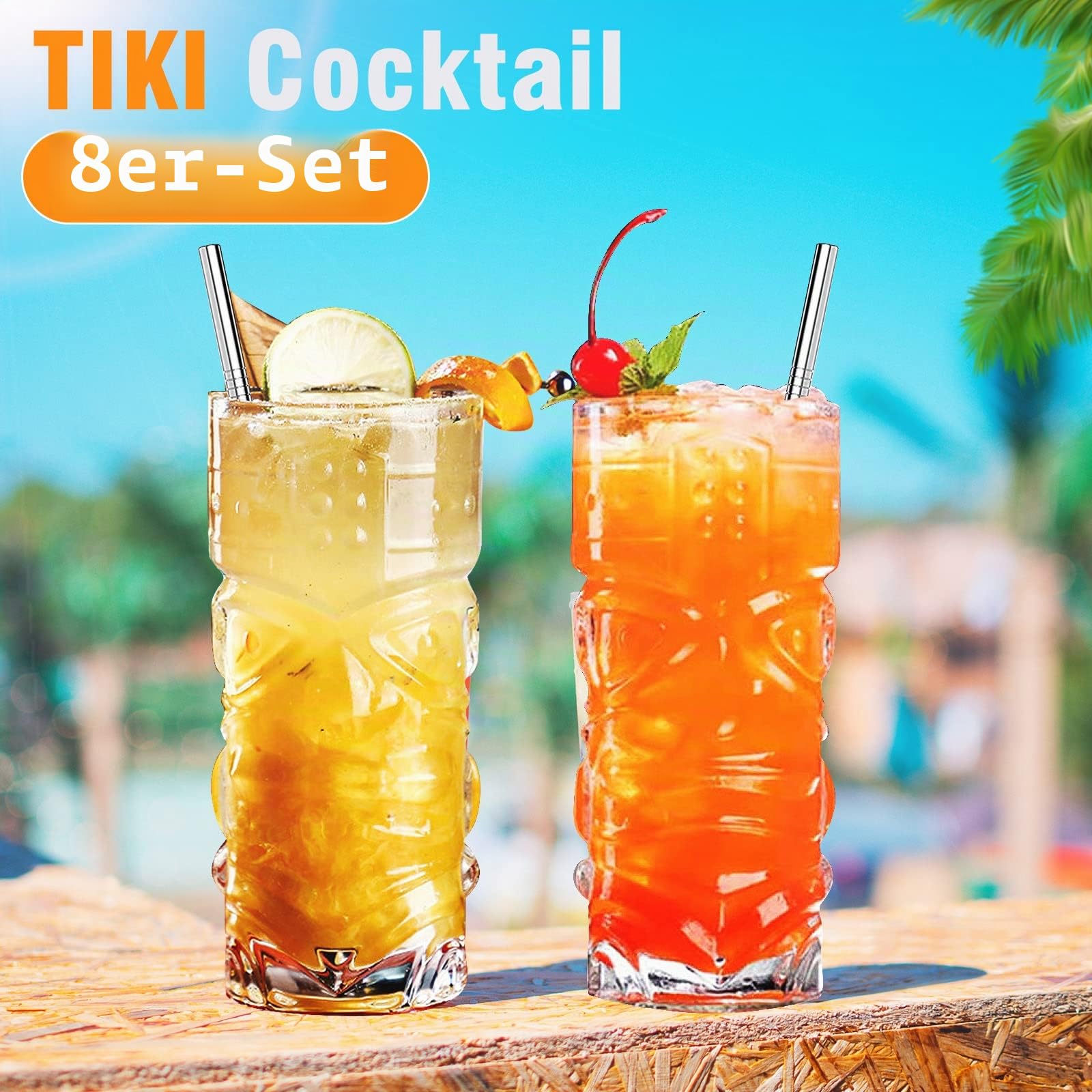 Set von transparenten Tiki-Cocktailgläsern von 8 bis 14 Unzen, moderne Tiki-Cocktailgläser perfekt für exotische Cocktails, Mai Tai, Cocktails im hawaiianischen Stil, Getränkeset für tropische