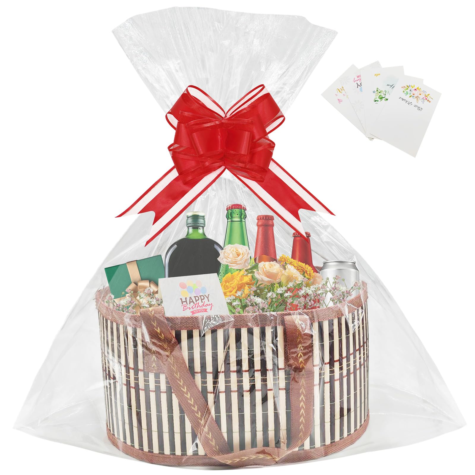 1Pcs Empty Hamper Basket Gift Baskets Empty Woven Bamboo Gift Basket with 2 Bags,2 Pull Bows and Shredded Paper Hamper Baskets for Baby Shower,Birthday,Housewarming（30x20x16cm） (1PCS Brown)