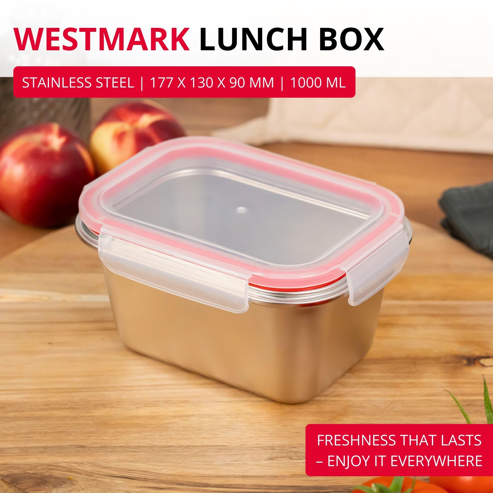 Westmark Pudełko na lunch ze stali nierdzewnej, szczelne i bez BPA. Nadaje się do mikrofalówki i piekarnika. optymalne do szkoły, pracy i przedszkola. Pojemność 1000 ml, kolor srebrny.