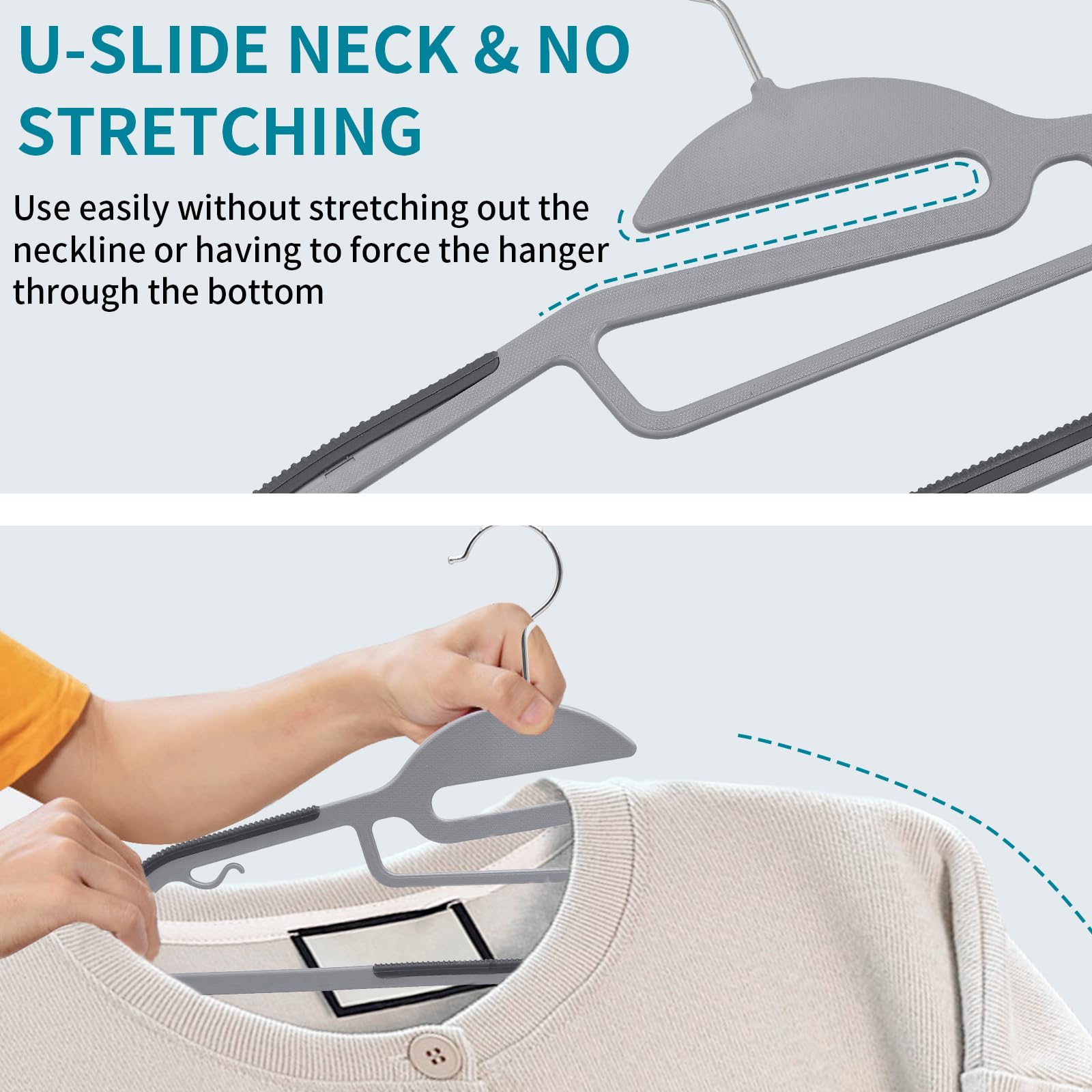 ABHENG 50 Pack Plastic Coat Hangers, Heavy Duty Pant Hangers, Space-Saving Suit Hangers with S-Shaped Opening, Non-Slip, 360Âº Swivel Hook, 16.3â€?L x 0.2â€?W x 8.9â€?H, Gray, UAPY0450G