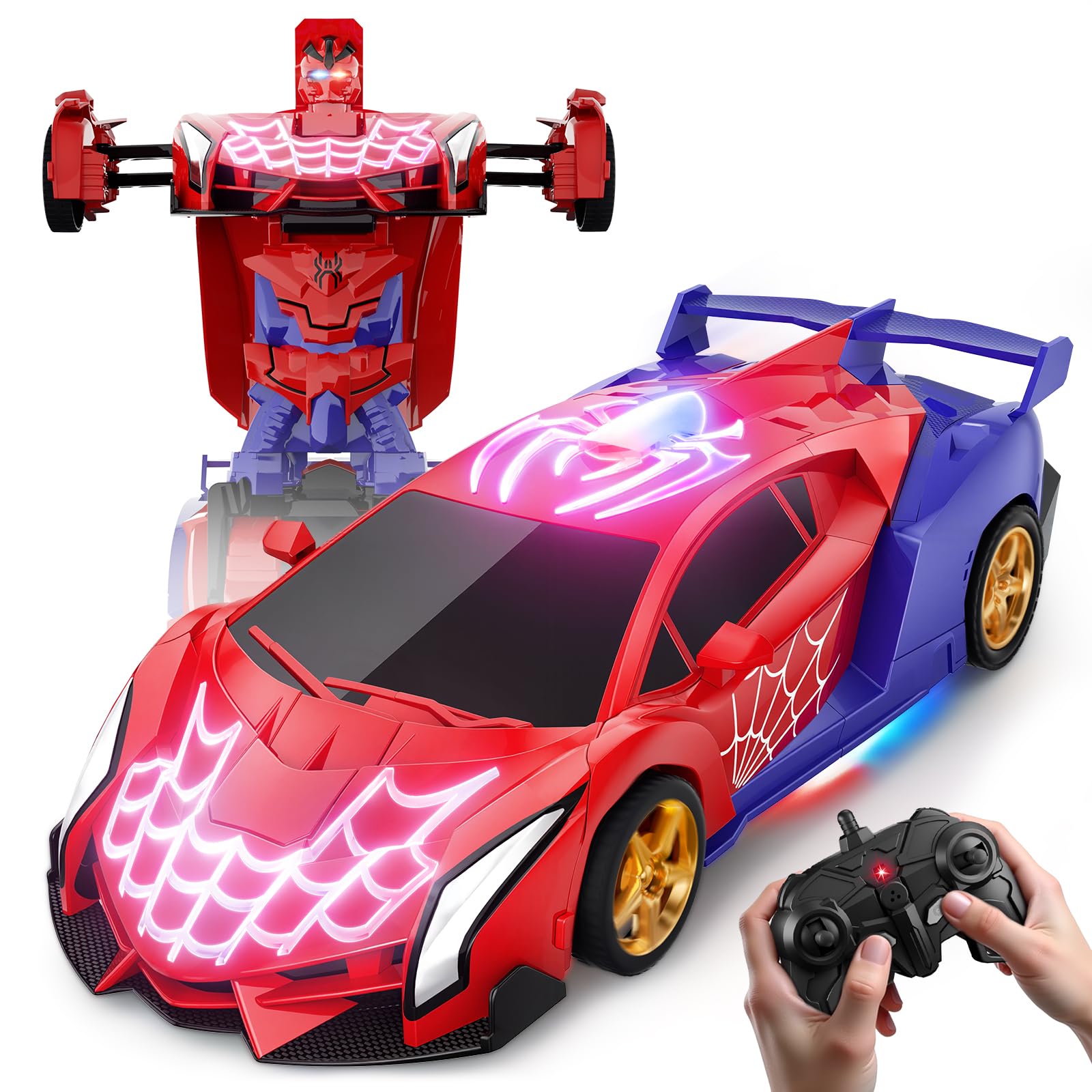 Light-Up Spider Web Remote Control Robot Car, Toys for 3 4 5 6 7 8 9 Year Old Boys, 2.4GHz Drift Transforming RC Cars 360° Rotating, LED Eyes Body Lights, Kids Toy Age 3-12 Christmas Birthday Gifts