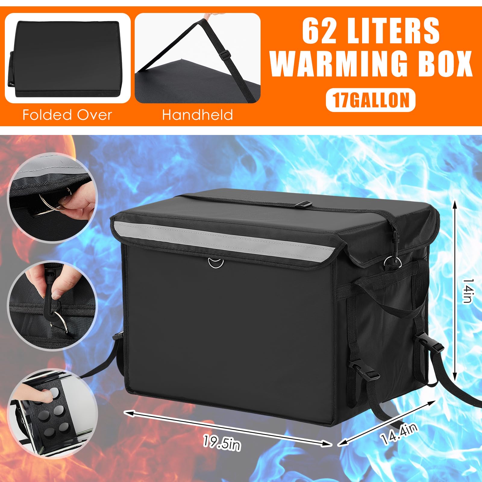 CroBlissful Bolsa de entrega de alimentos aislada para bicicleta, 19.7 x 15 x 15 pulgadas, caja de entrega de pizza de 62 litros con estante trasero, plegable, impermeable, apto para caja de pizza de