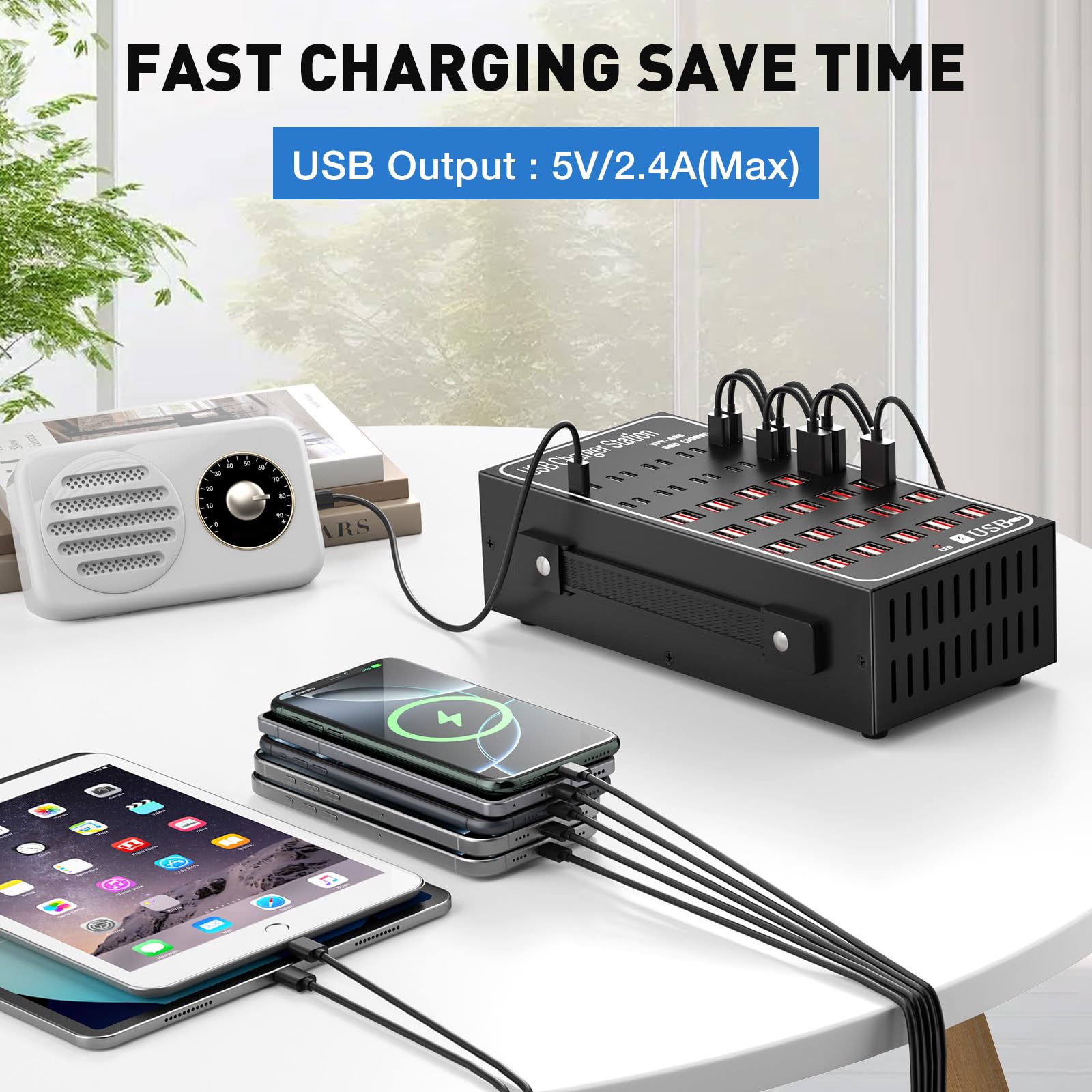 Estación de carga USB múltiple de 60 puertos (40 USB A y 20 puertos USB~C), MIXILIN 300 W (60 A) estación de carga rápida con interruptor de encendido, bloque de carga USB C de escritorio compatible