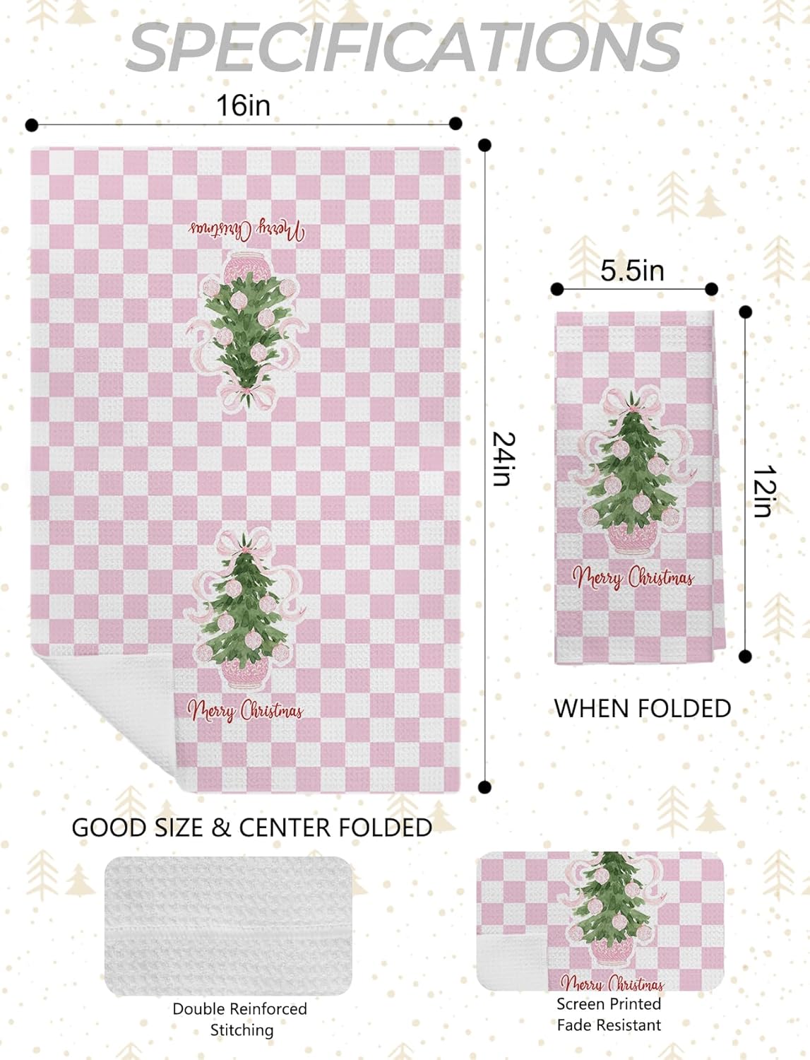Pink Chinoiserie Christmas Kitchen Towels, Coquette Pink Bow Preppy Christmas Tree Hand Towels for Bathroom, Grandmillennial Checkered Xmas Dish Tea Towel for Kitchen Decor, 16x24 Inch - Image 2