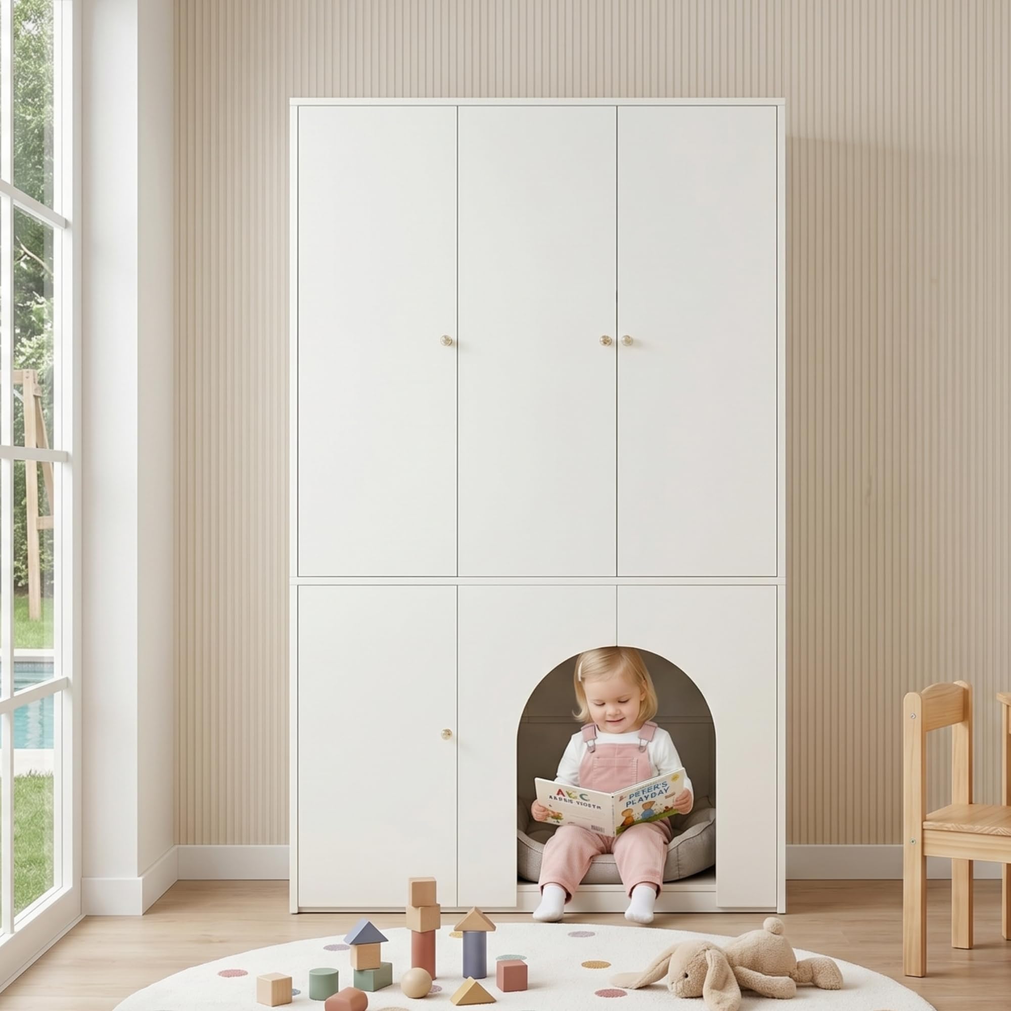 Kleiderschrank Hochschrank Aufbewahrungsschrank Sideboard mit Haustierhöhle, 3-türig, Kleiderstange & Regalböden, für Schlafzimmer Flur, 120x50x200cm Weiß