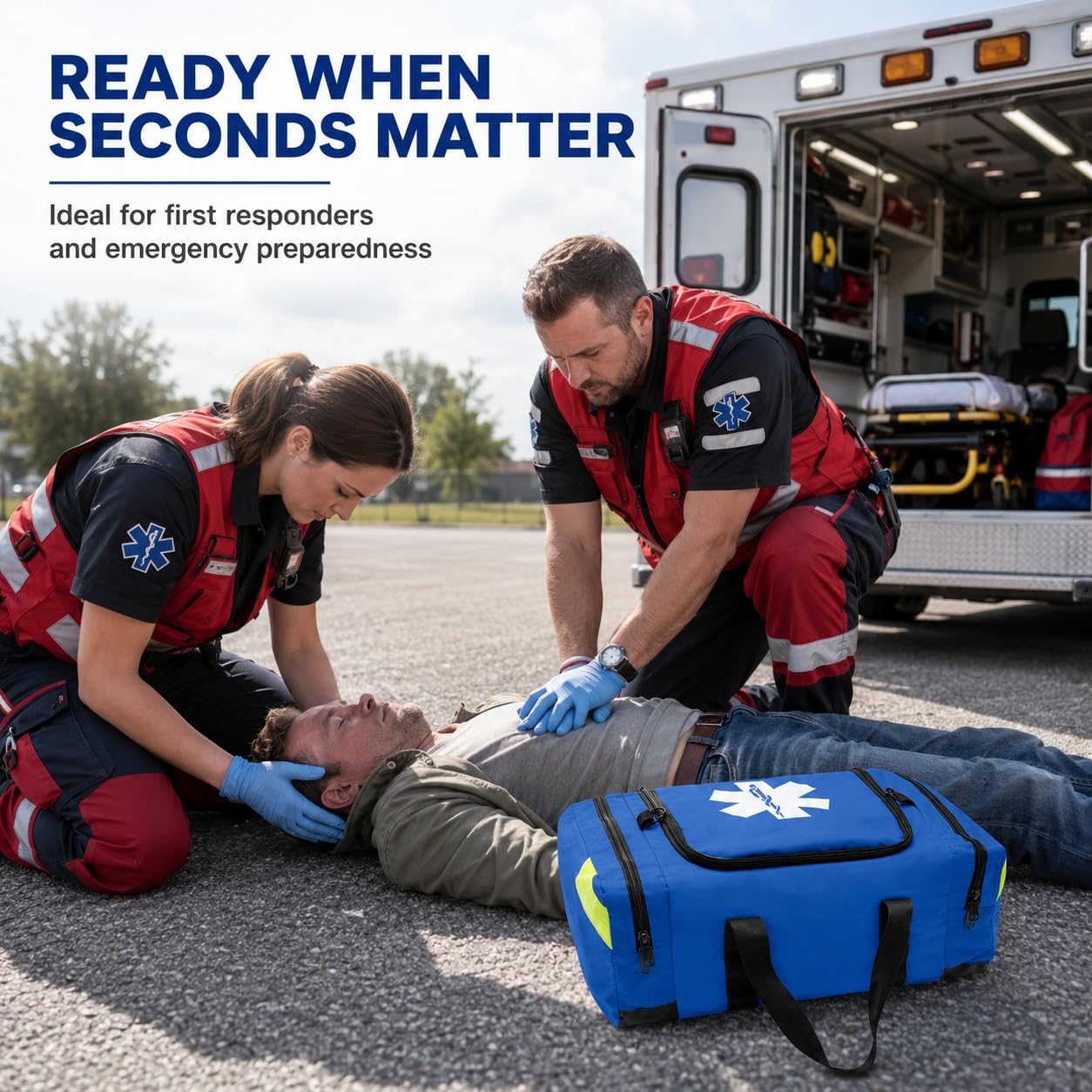 NOVAMEDIC Bolsa médica vacía azul de primeros auxilios para traumatismos, 21 x 15 x 5 pulgadas, transportador de primeros auxilios con múltiples compartimentos para EMT, paramédicos, emergencia y kit