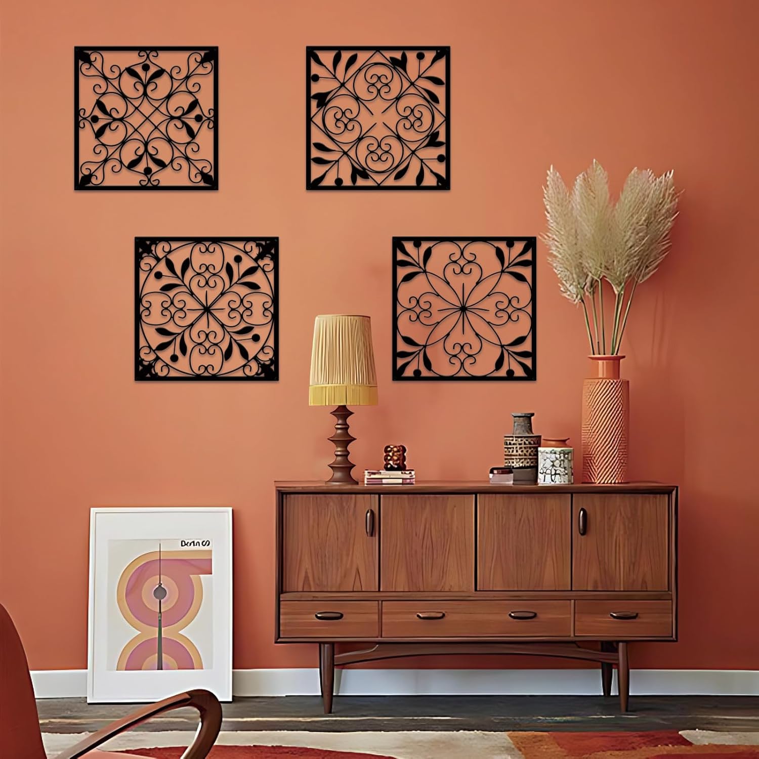 Resama 4 Pieces Rustic Wall Decor Farmhouse Wall Decor for Living Room Metal Hollow Carved Design Metal Decorative for Home Bedroom Kitchen Office (Black,Square)