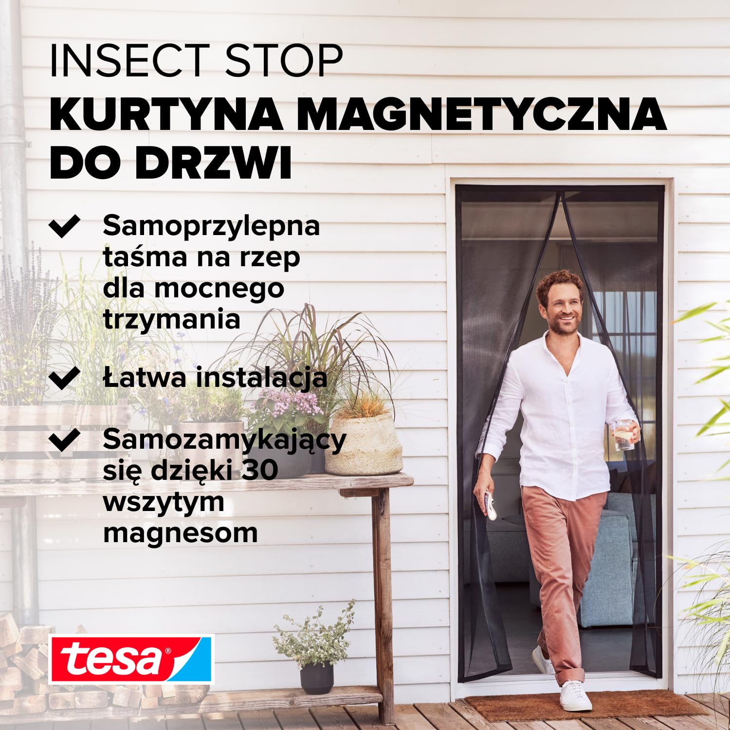 tesa INSECT STOP Magnetic Curtain - samoczynnie zamykająca się zasłona z magnesami na drzwi balkonowe, łatwy montaż bez wiercenia - 220 x 100 cm