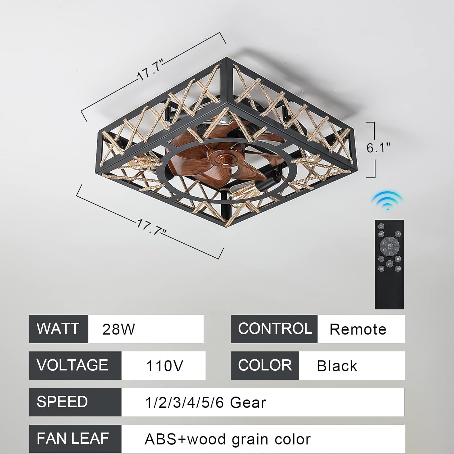 18" Caged Ceiling Fans with Lights and Remote,Flush Mount Low Profile Bladeless Ceiling Fan Low Profile,Small Farmhouse Industrial Enclosed Ceiling Fan for Bedroom,Kitchen (Square-7 fan-28W)