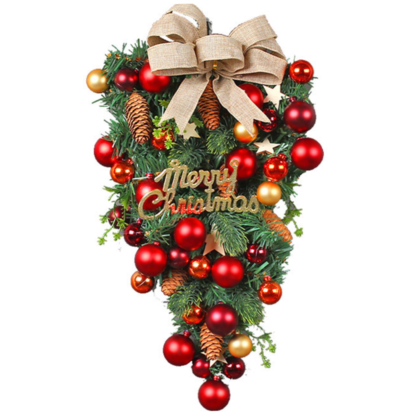 CAKEEYUM Christmas Teardrop Wreath with Bow and Red Ball Artificial Pine Christmas Wreaths for Front Door Wall Hanging Garland for Fireplace Xmas Tree Decor Wreath Wreaths for Fron