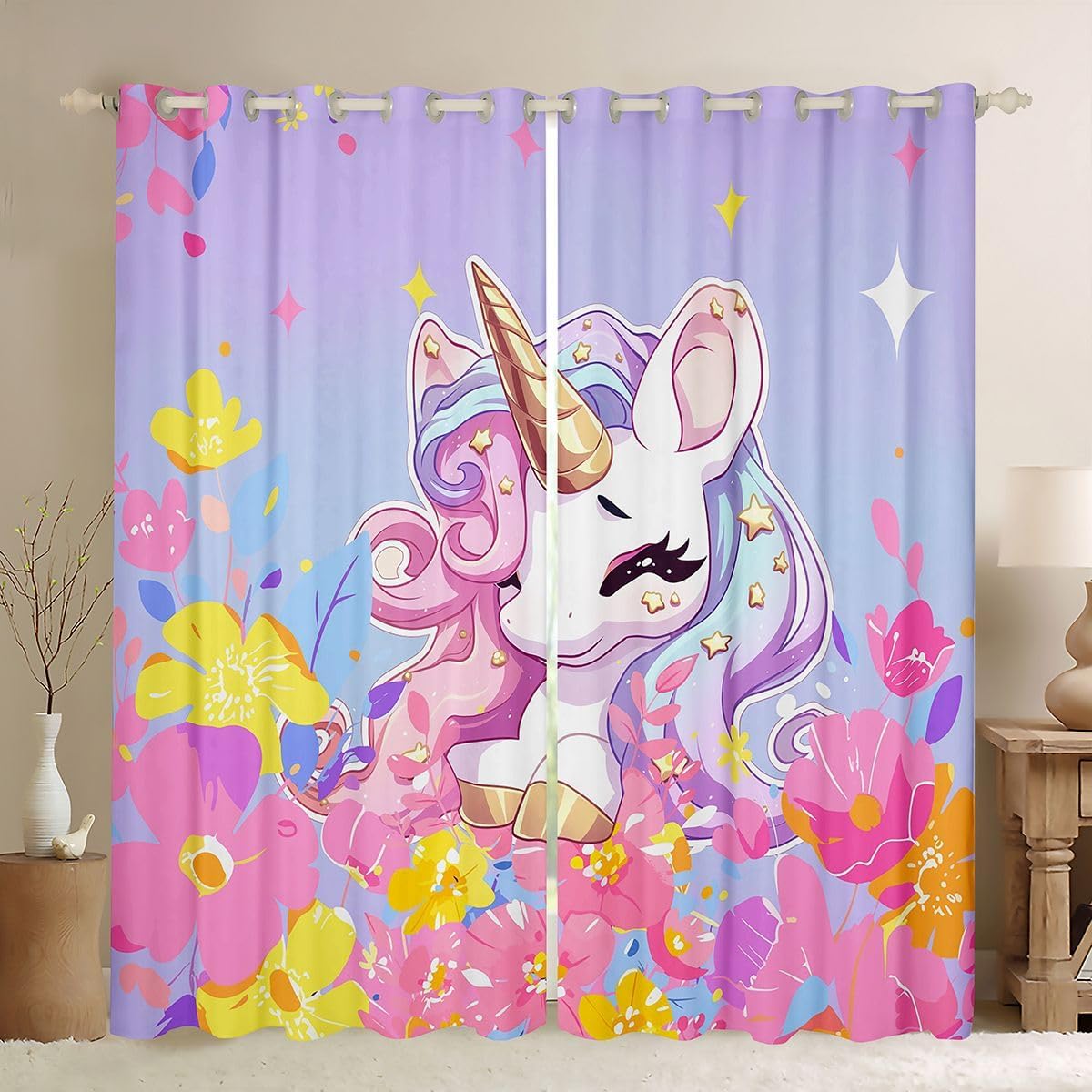 Erosebridal Unicorn Curtains for Girls Kawaii Rainbow Unicorn Curtains Drapes Unicorn Bedroom Decor for Girls Kids Cartoon Horse Darkening Curtains Ombre Unicorn Stars Window Treatments Pink 52"X84"