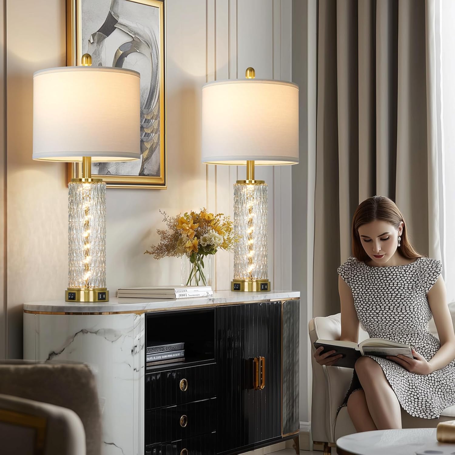 28" Gold Glass Table Lamps Set of 2, Gold Modern Bedside Lamp with LED Night Light, USB A+C, Glass Lamps for Living Room, Bedroom, Nightstand, Office, End Table (2 Bulbs Included)