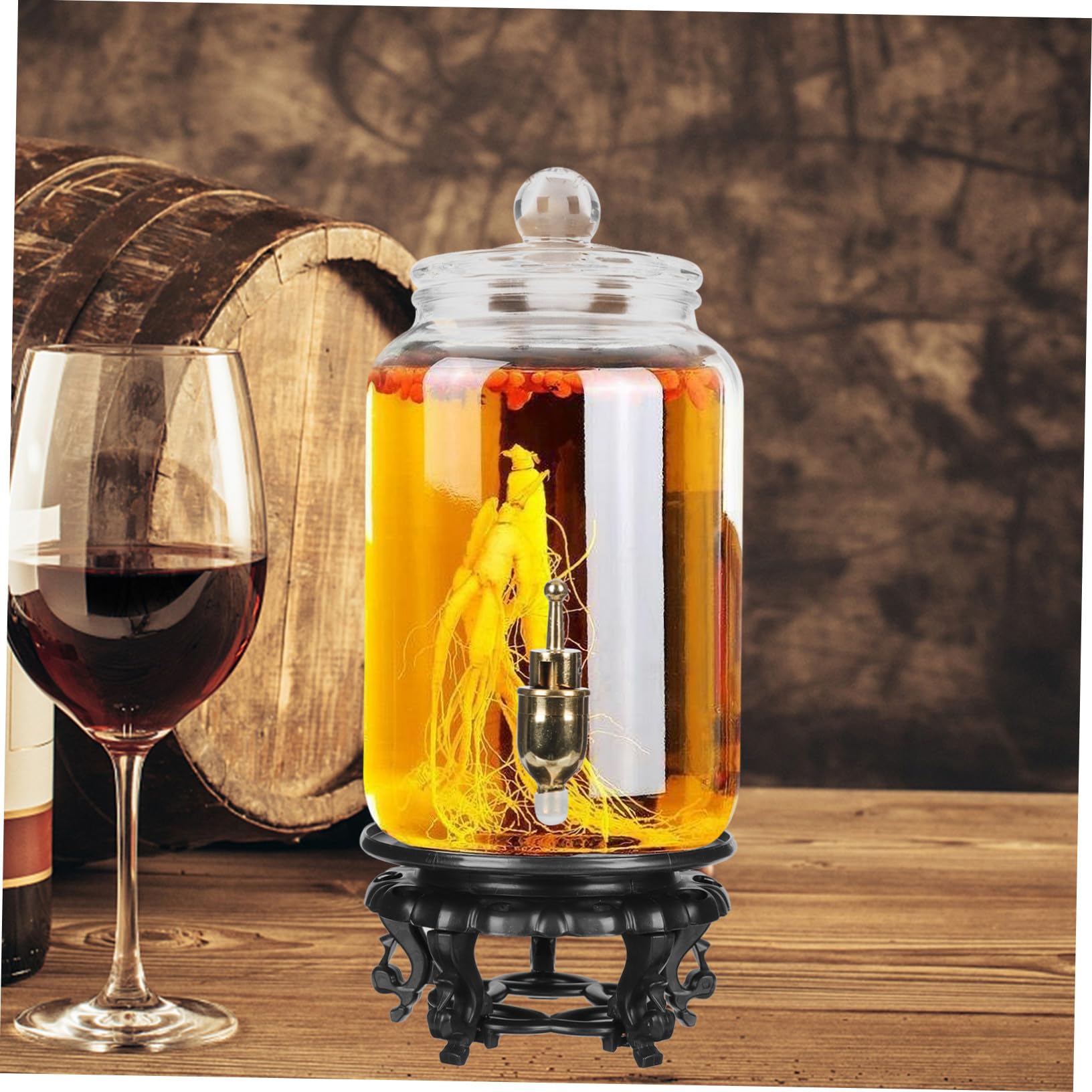Versiegelte Weindose 2, 5l aus Glas mit Zapfhahn und Sockel