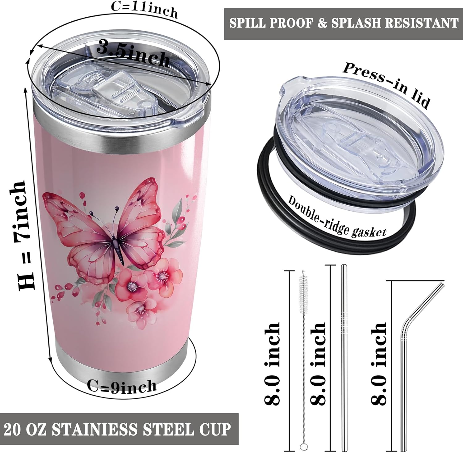 Bonus Daughter Gift Step Daughter Insulated Tumblers from Stepmom Unbiological Daughter Gifts to My Bonus Daughter 20oz Stainless Steel Tumbler with Lid and Straw (Pink Butterfly-Bonus Daughter) - Image 2