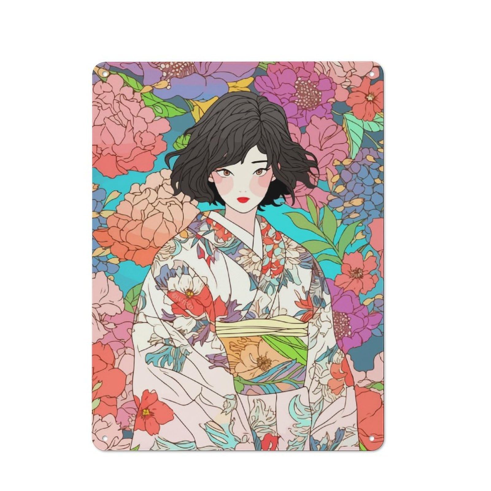 Junmoney Girls Kimono With Flowers Tin Wall Plaque 40X30cm With For Bar Or Restaurant, Suited To Bar Decor Enthusiasts