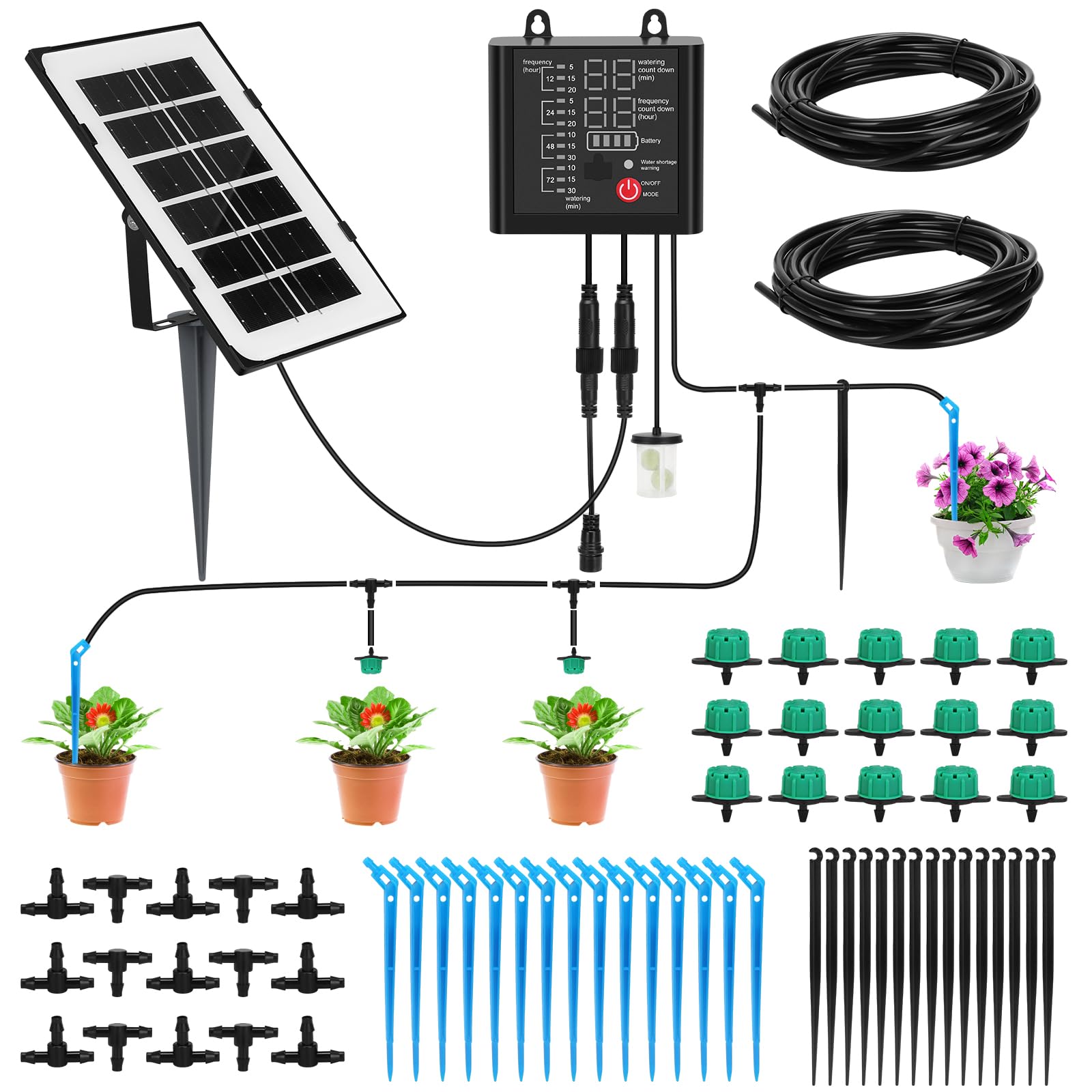 Solar Drip Irrigation, Auto Drip Kit - 12 Timer Modes, Siphon Protection, Suitable for Indoor/Outdoor Potted Plants