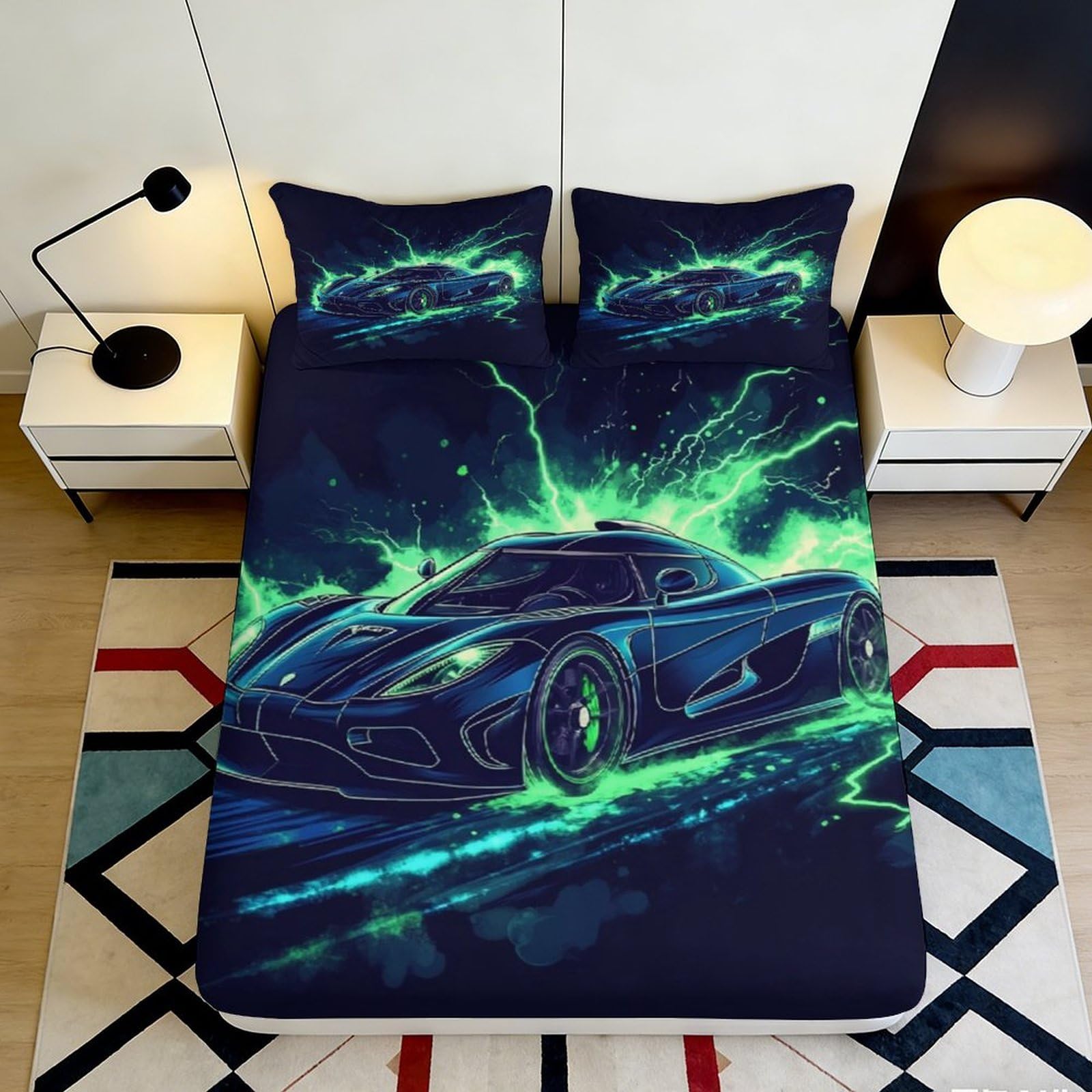 3D Printed Neon Lightning Car Fitted Sheet Microfiber Durable Soft Racing Design Mattress Cover for Bedroom Dormitory Guest Room Protection 90x200x25cm