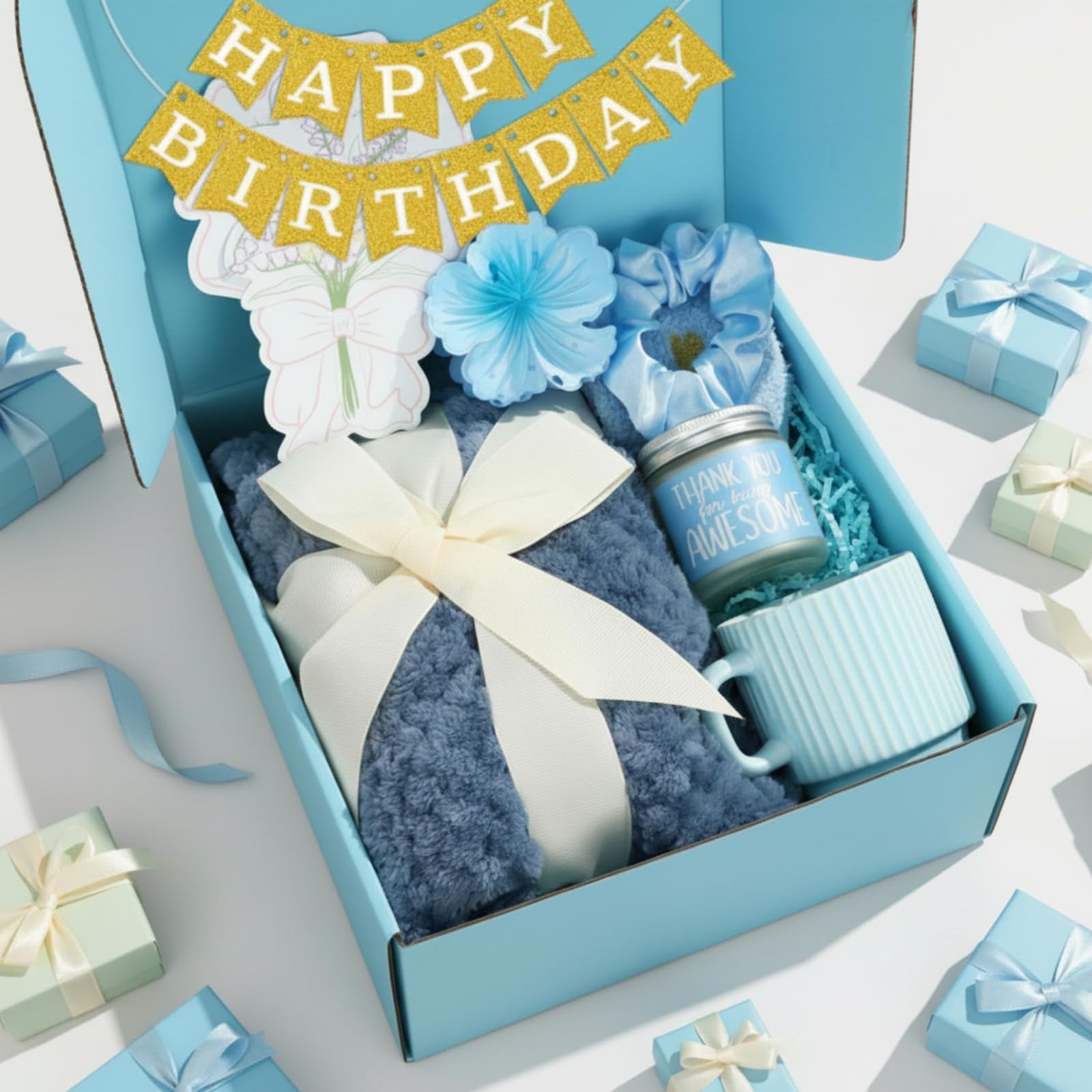 Zopeal Birthday Gifts Baskets for Women with Custom Banner, Gifts Relaxing Spa Package Thank You Box for Her Mom Sister Friend Wife Teacher Coworker(Blue)