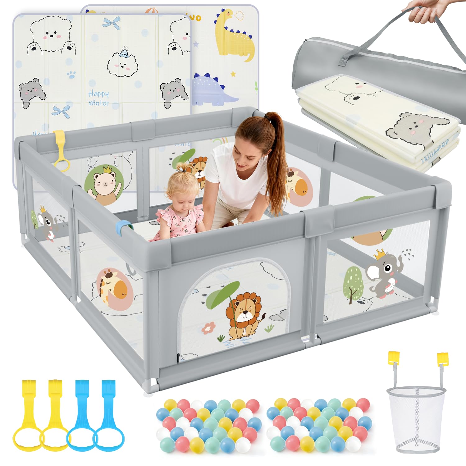Box Bambini 120x120 con Tappeto, Box per Bambini 360° Rete Traspirante, Tessuto Oxford, Base antiscivolo, Porta con Cerniera, Sicurezza Antiscivolo Robusta Centro Attività, Leone Grigio